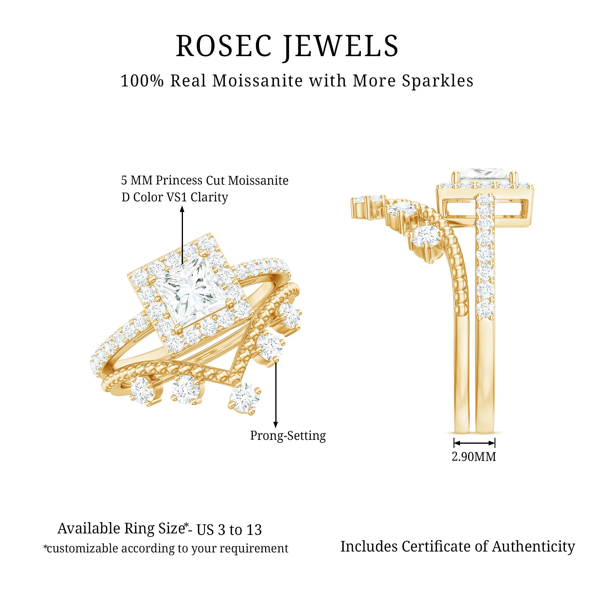 Rosec Jewels-Princess Cut Moissanite Halo Wedding Ring Set with Certificate