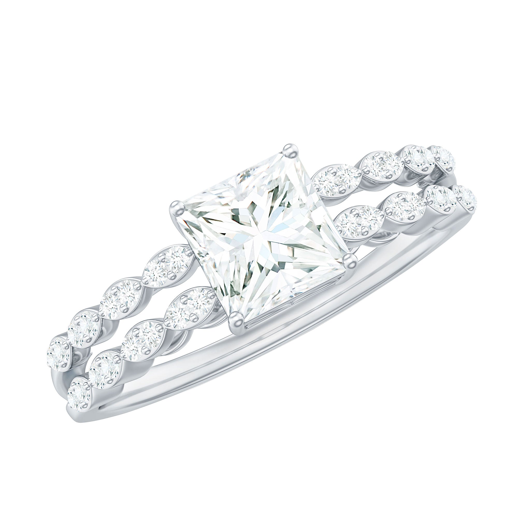 Princess Cut Zircon Double Band Engagement Ring with Side Stones AAAA - Rosec Jewels