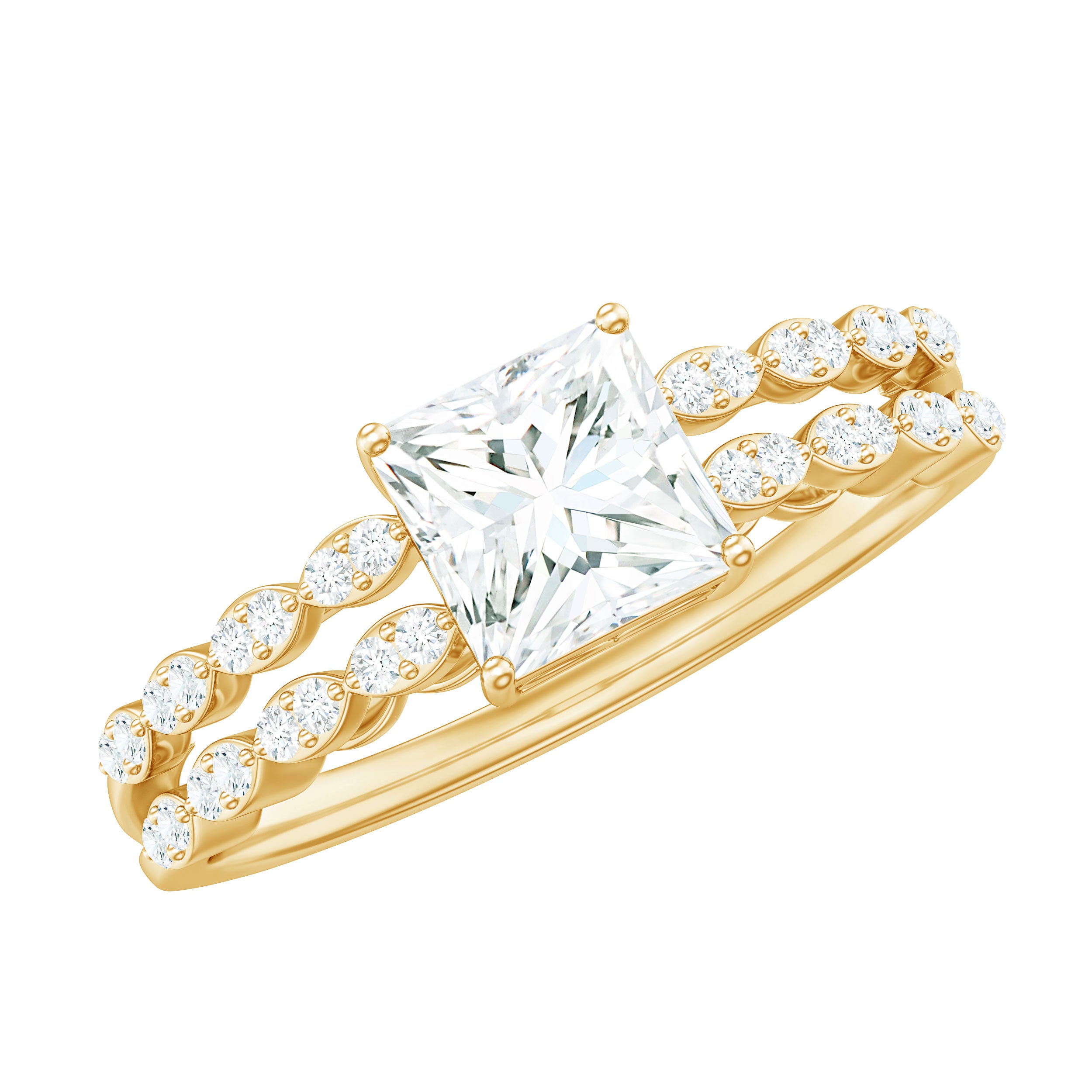 Certified Moissanite Princess Cut Engagement Ring in Double Band D-VS1 - Rosec Jewels