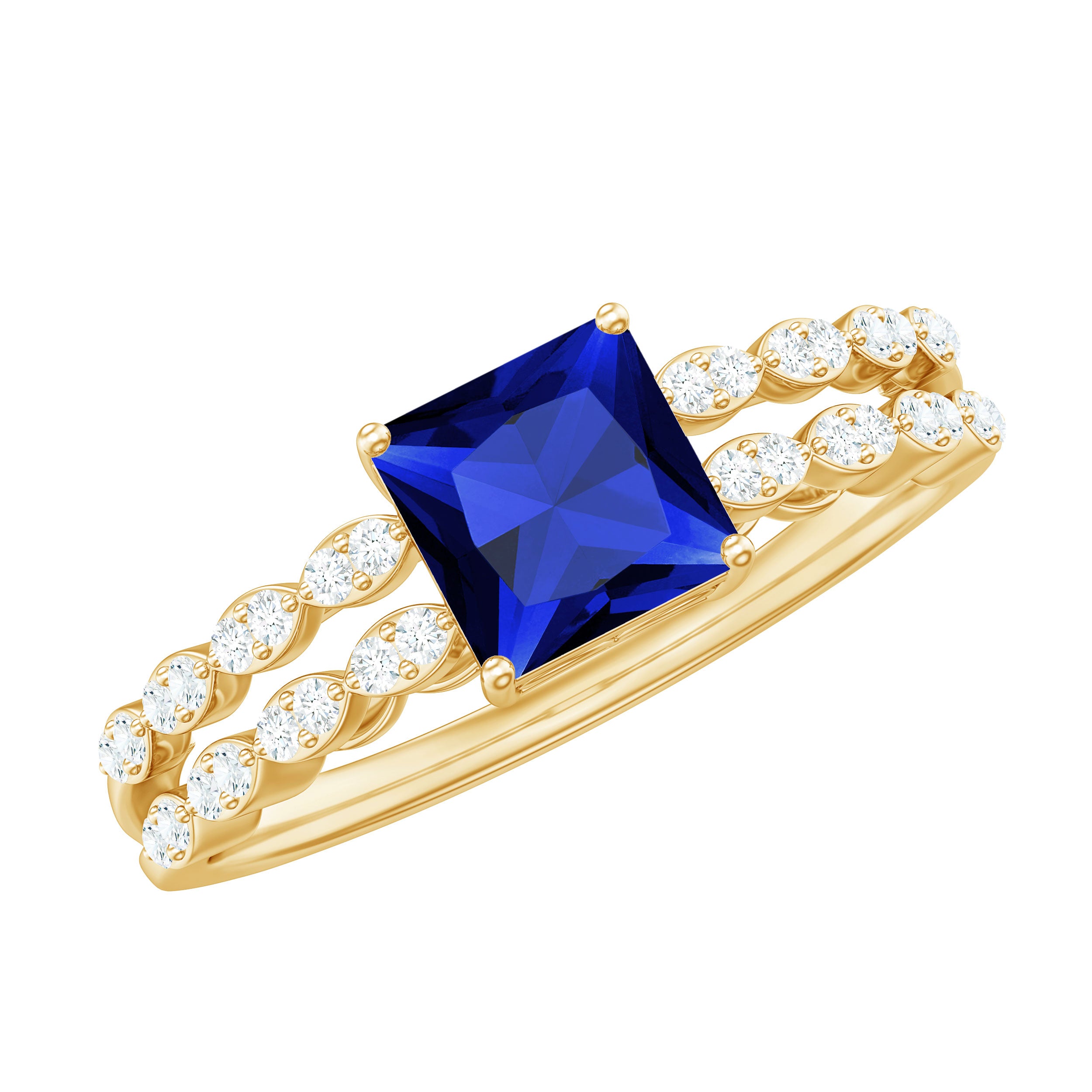 Certified 1.5 Carat Princess Cut Lab Grown Blue Sapphire Double Band Engagement Ring with Diamond AAAA - Rosec Jewels