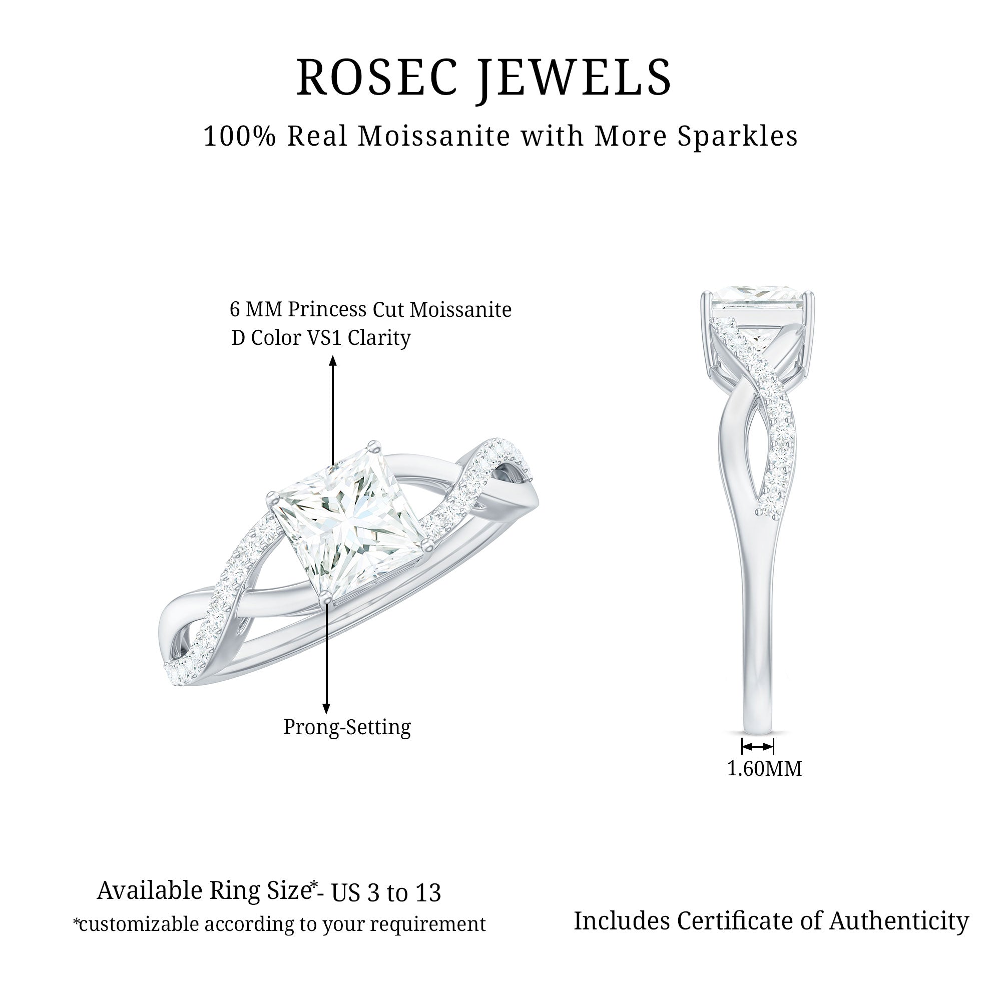 Rosec Jewels-Princess Cut Moissanite Crossover Engagement Ring for Women