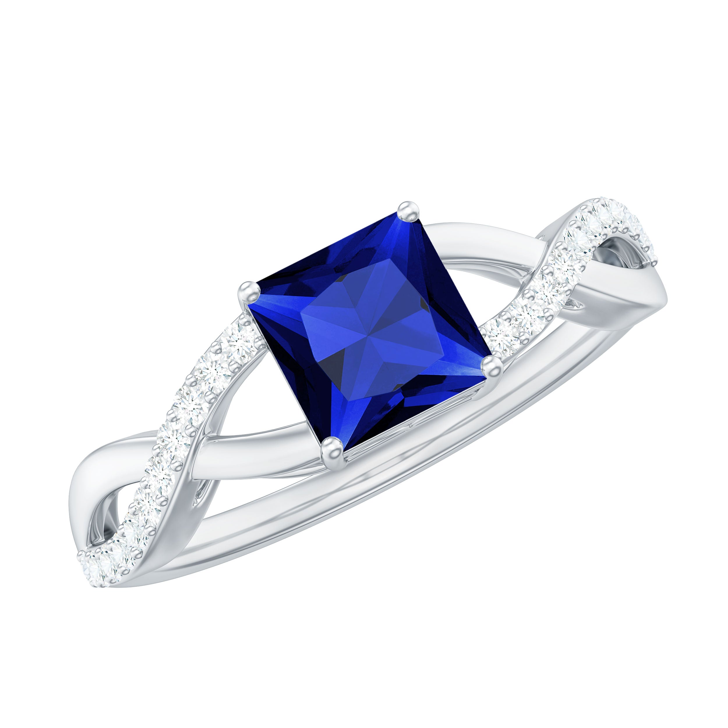 1.5 Carat Lab Grown Blue Sapphire Princess Cut Engagement Ring with Diamond Crossover Shank AAAA - Rosec Jewels