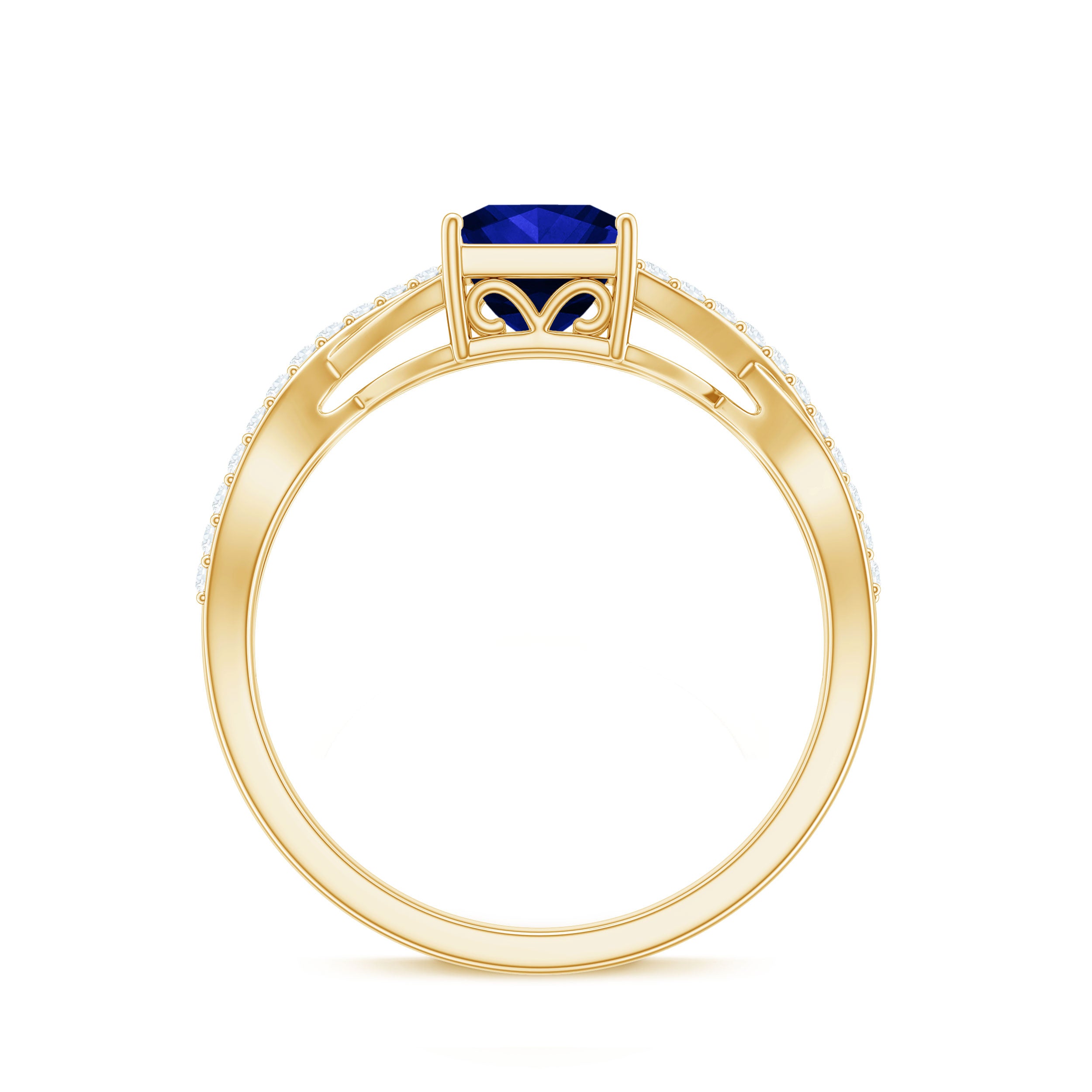 1.5 Carat Lab Grown Blue Sapphire Princess Cut Engagement Ring with Diamond Crossover Shank AAAA - Rosec Jewels
