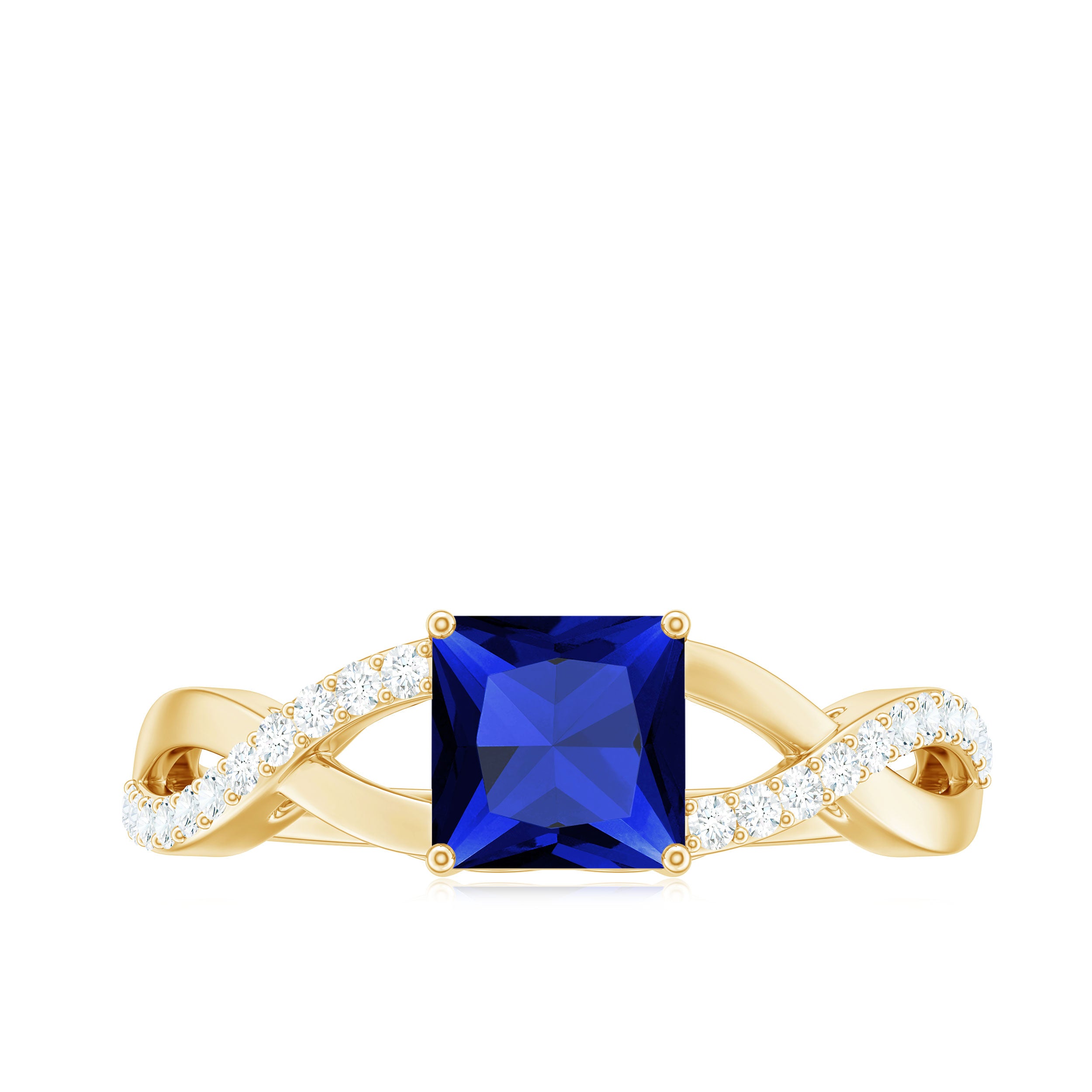 1.5 Carat Lab Grown Blue Sapphire Princess Cut Engagement Ring with Diamond Crossover Shank AAAA - Rosec Jewels