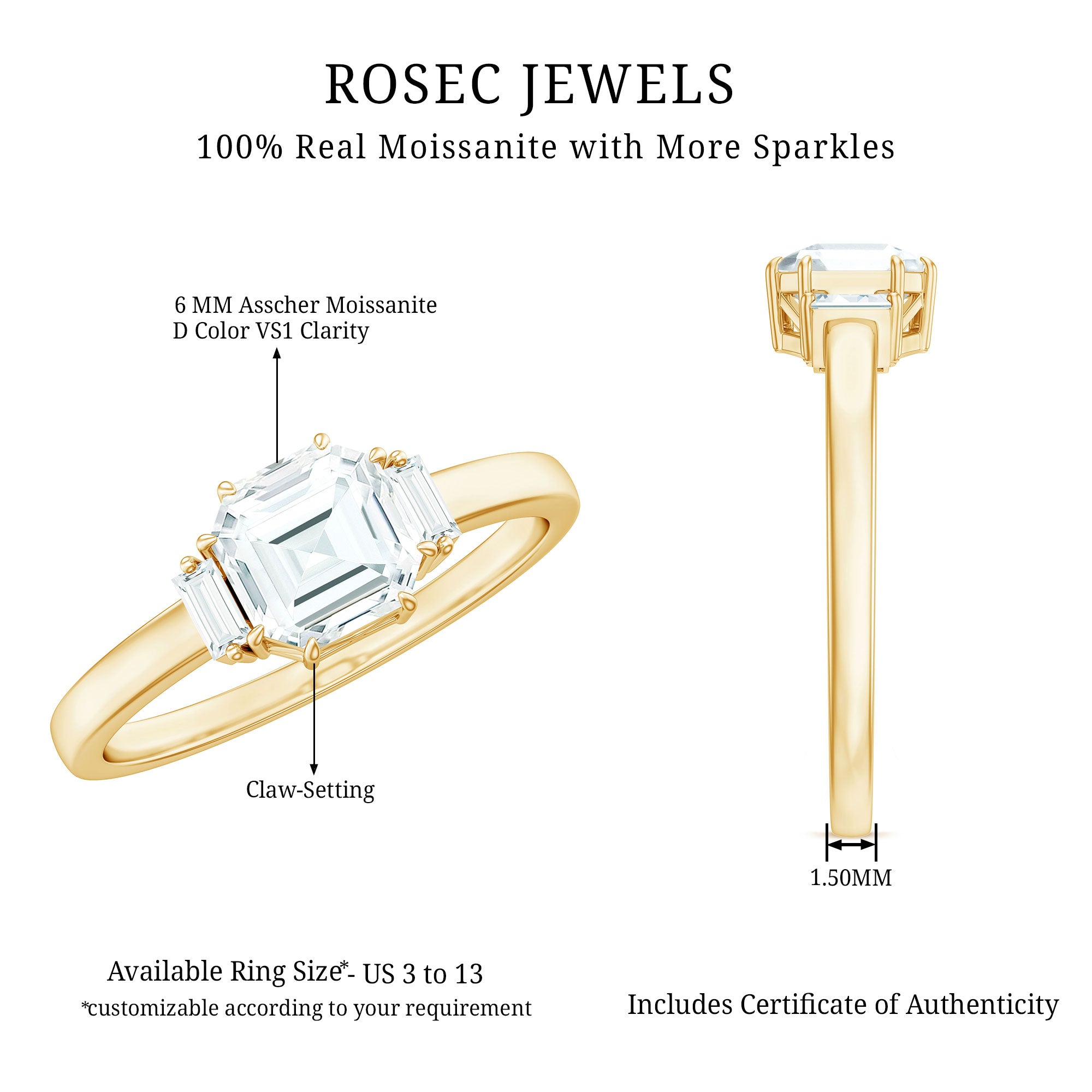 Asscher Cut Moissanite Engagement Ring with Certificate D-VS1 - Rosec Jewels