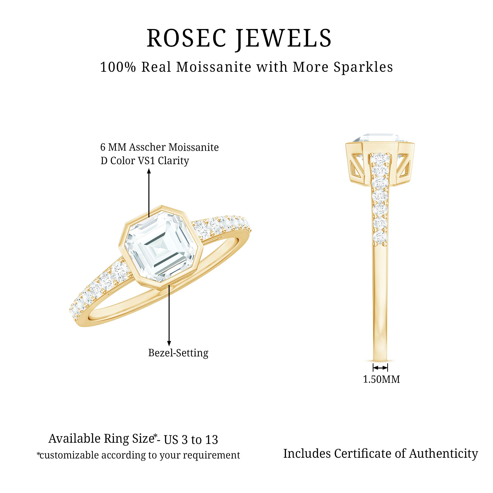 Asscher Cut Moissanite Solitaire Engagement Ring in Bezel Setting D-VS1 - Rosec Jewels