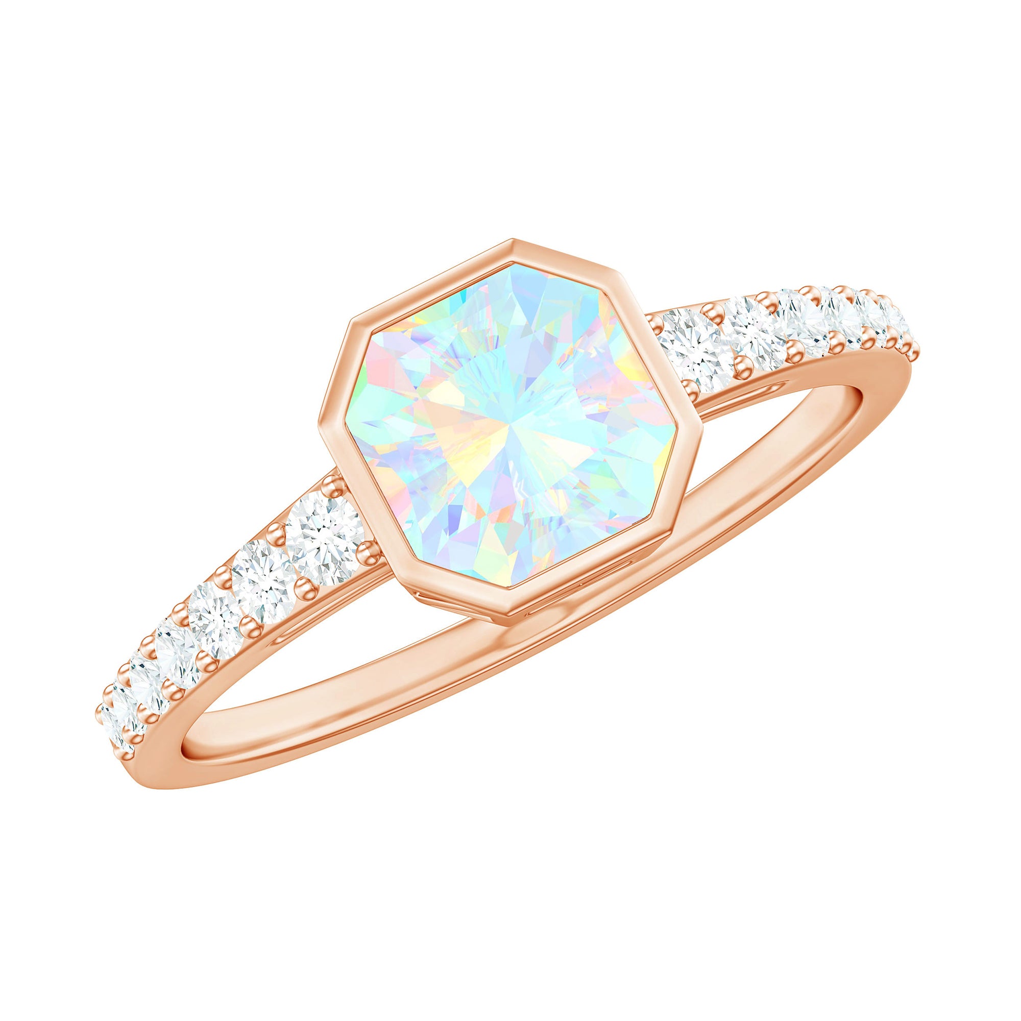 Asscher Ethiopian Opal Solitaire Ring with Diamond Side Stones Ethiopian Opal - ( AAA ) - Quality - Rosec Jewels