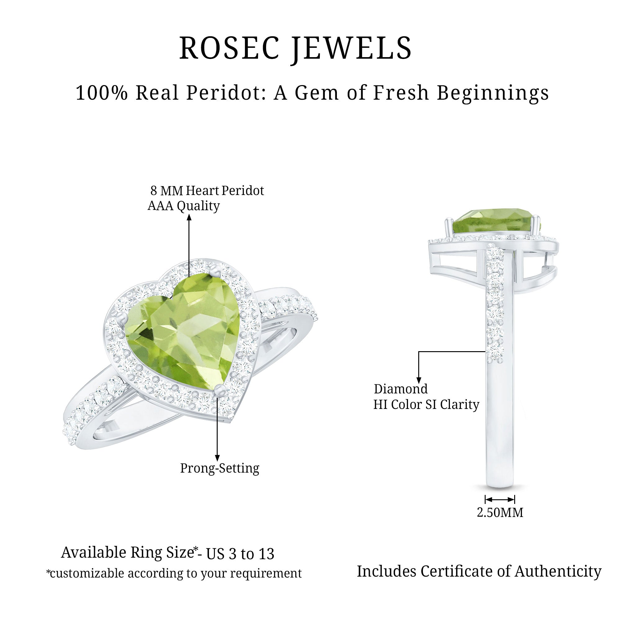 Natural 2 Carat Peridot Heart Engagement Ring with Diamond Halo AAA - Rosec Jewels