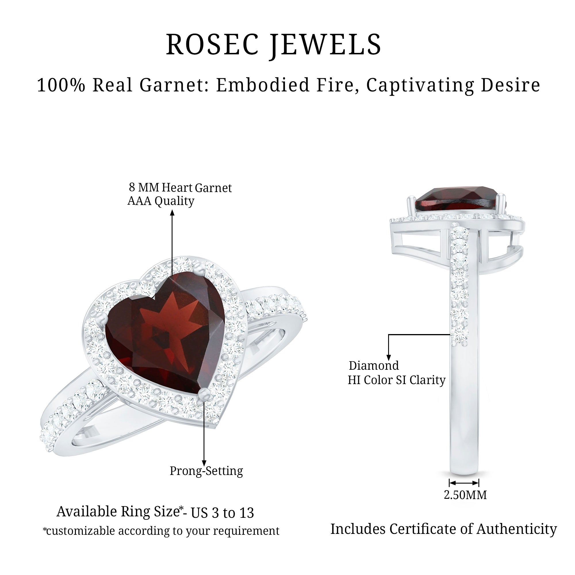 Rosec Jewels-Natural Garnet Heart Shaped Engagement Ring with Diamond Halo
