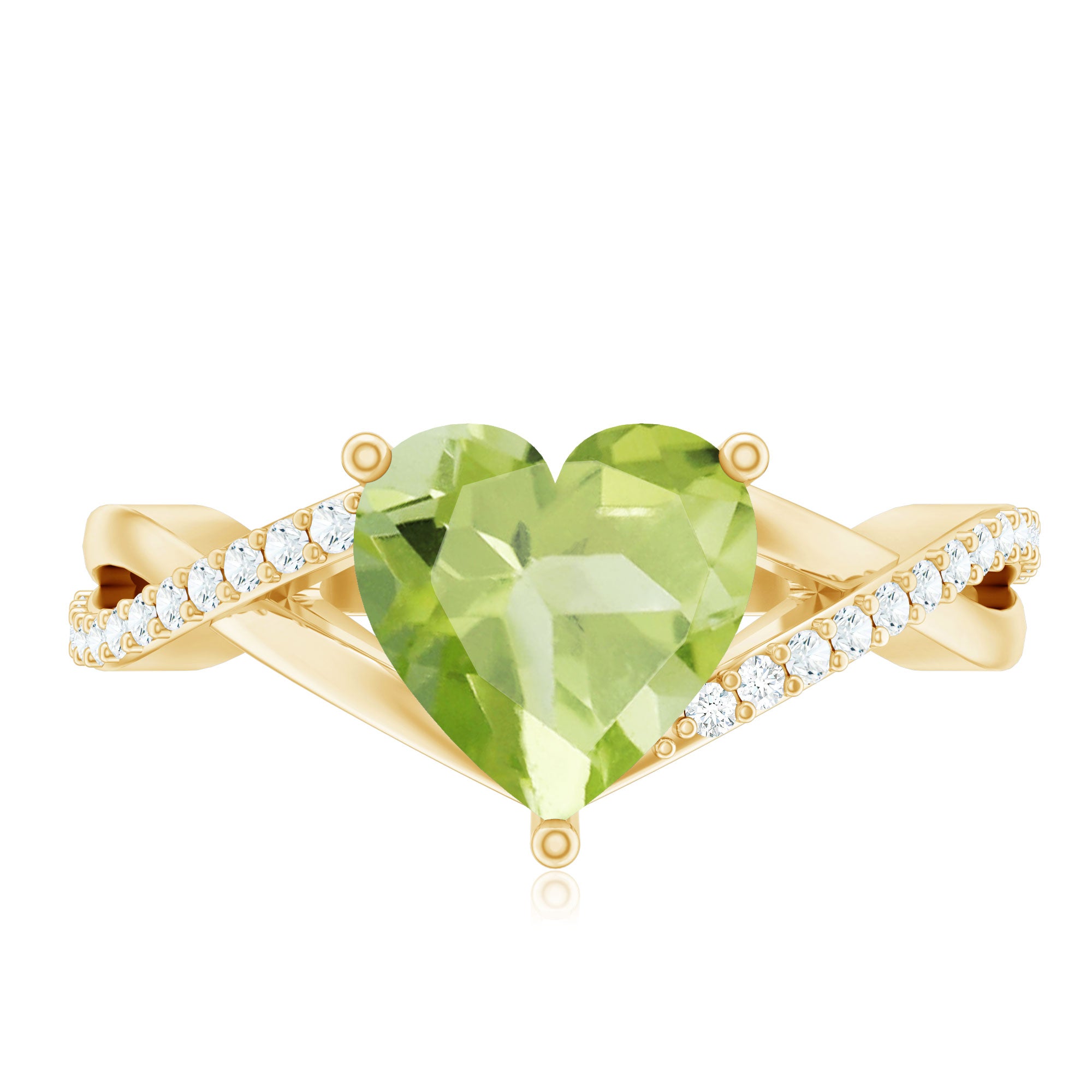 Natural 2 Carat Peridot Heart Engagement Ring with Diamond Crossover Shank AAA - Rosec Jewels