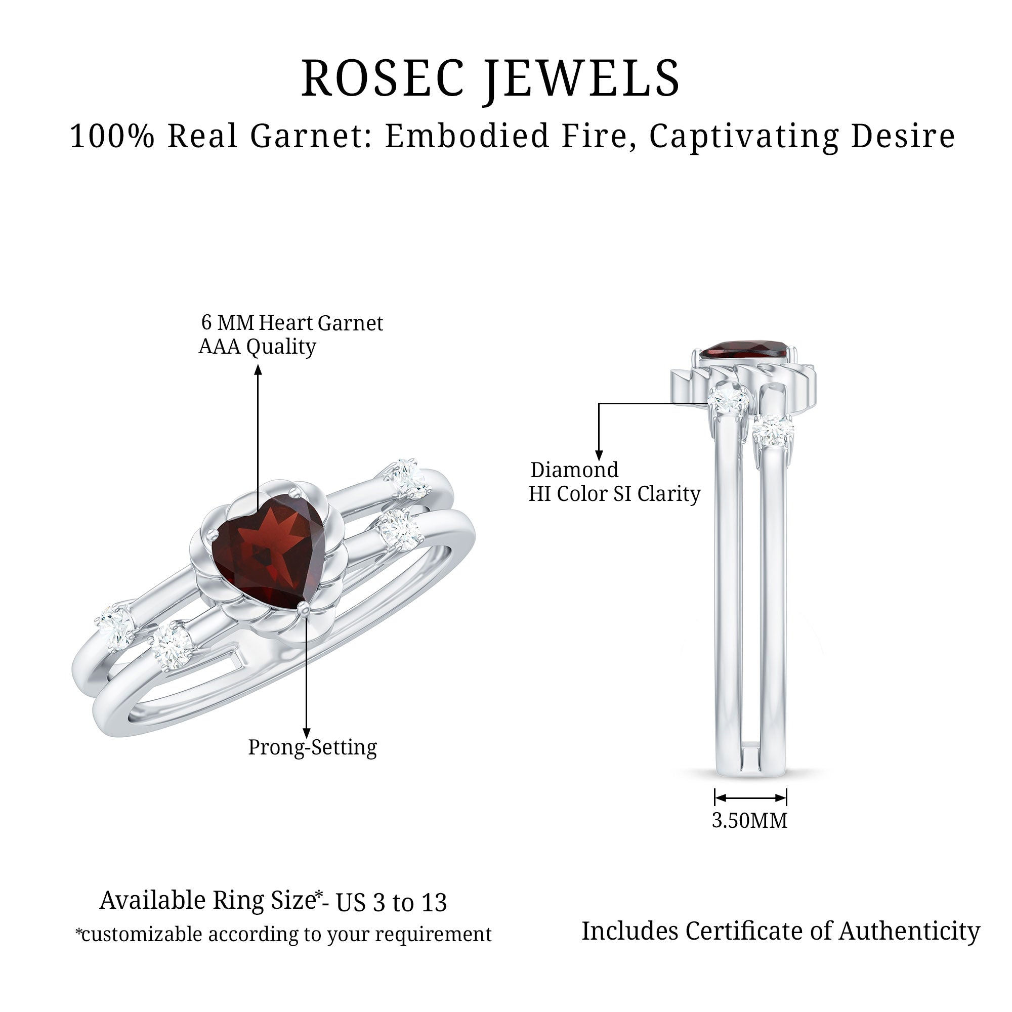 Rosec Jewels-Natural Heart Shaped Garnet Diamond Double Band Engagement Ring
