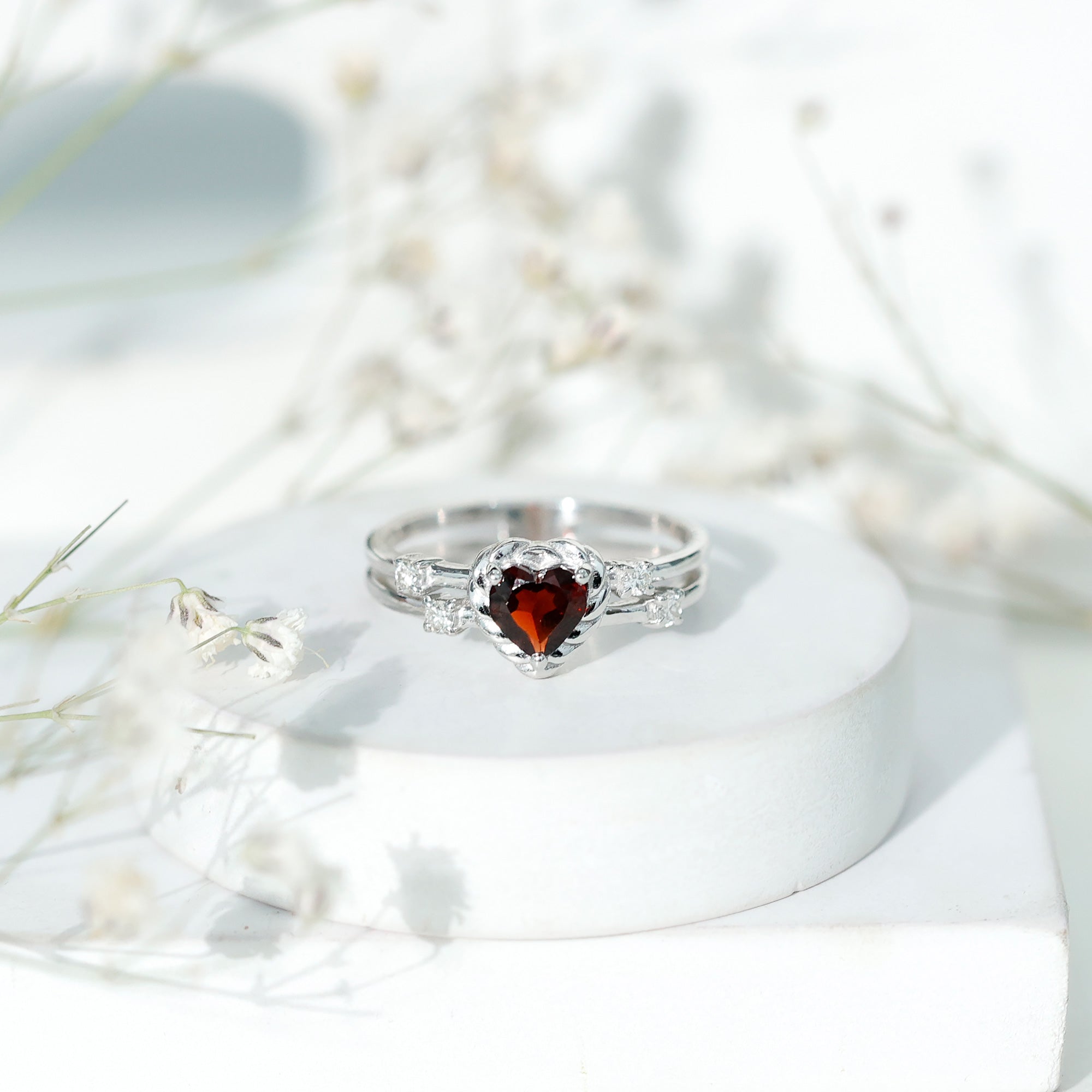 Rosec Jewels-Natural Heart Shaped Garnet Diamond Double Band Engagement Ring