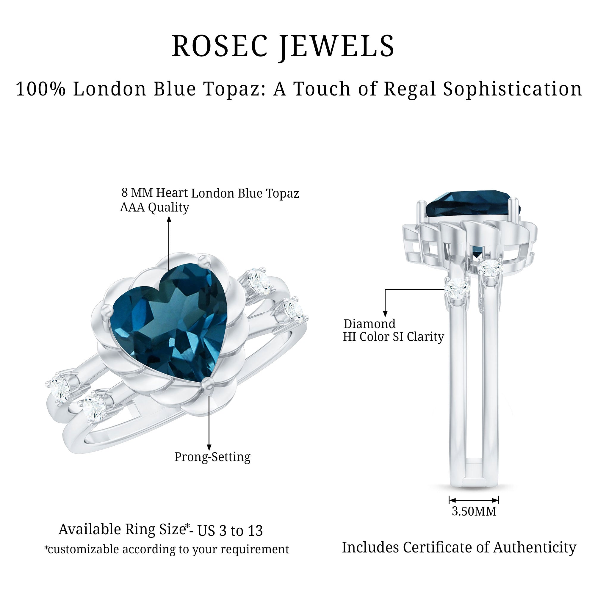3/4 CT Heart Shape London Blue Topaz Double Band Ring with Diamond AAA - Rosec Jewels