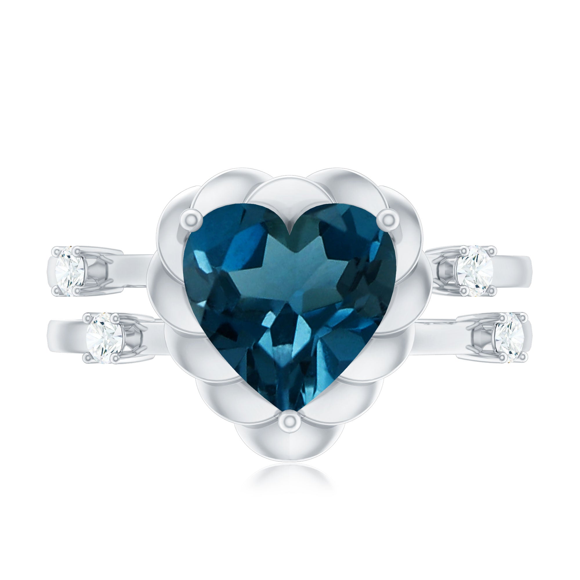 3/4 CT Heart Shape London Blue Topaz Double Band Ring with Diamond AAA - Rosec Jewels