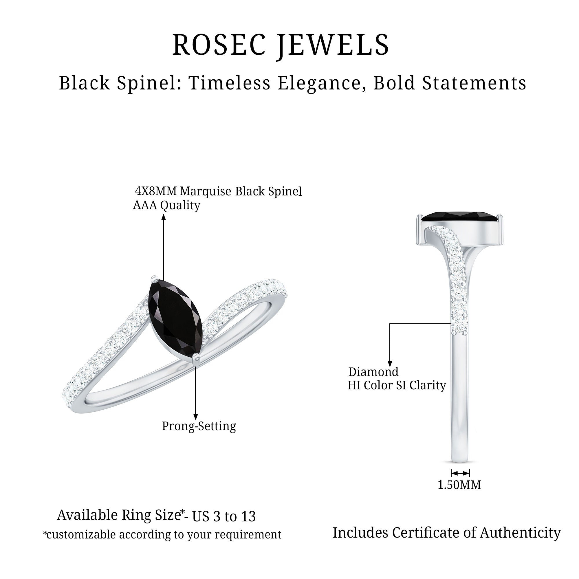 Rosec Jewels-Real Marquise Black Spinel Promise Ring with Diamond Bypass Shank