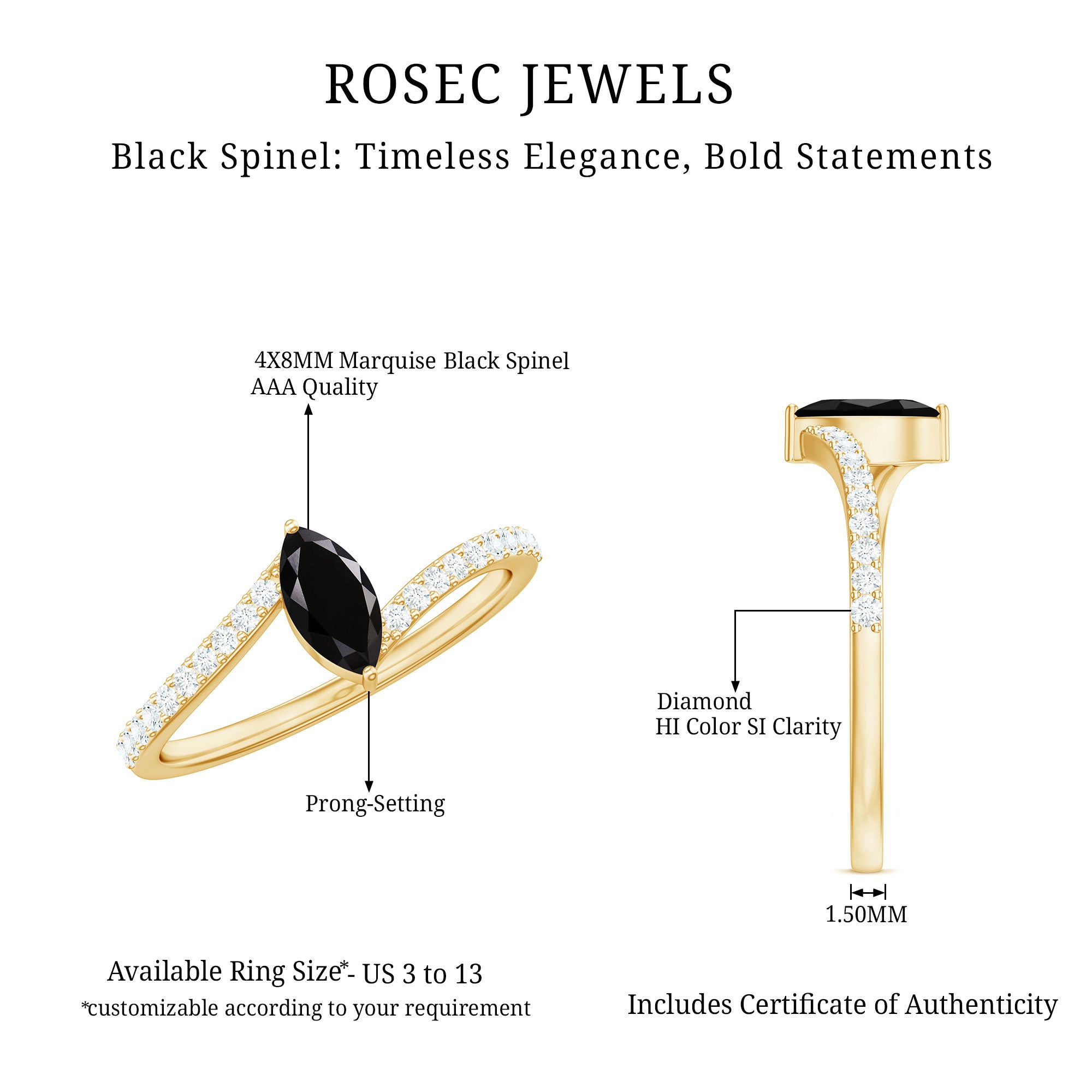 Rosec Jewels-Real Marquise Black Spinel Promise Ring with Diamond Bypass Shank
