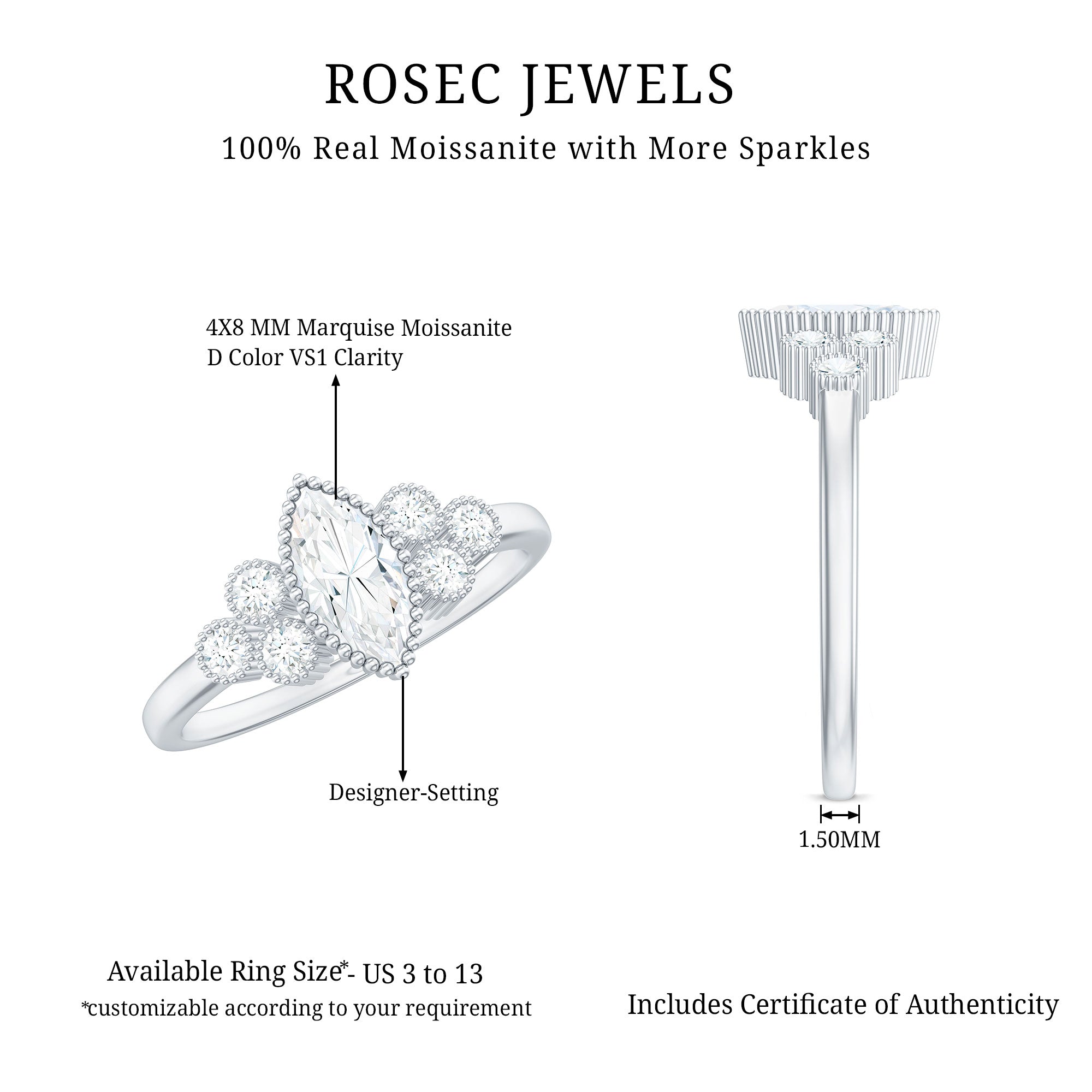 Rosec Jewels-Marquise Moissanite Engagement Ring with Trios