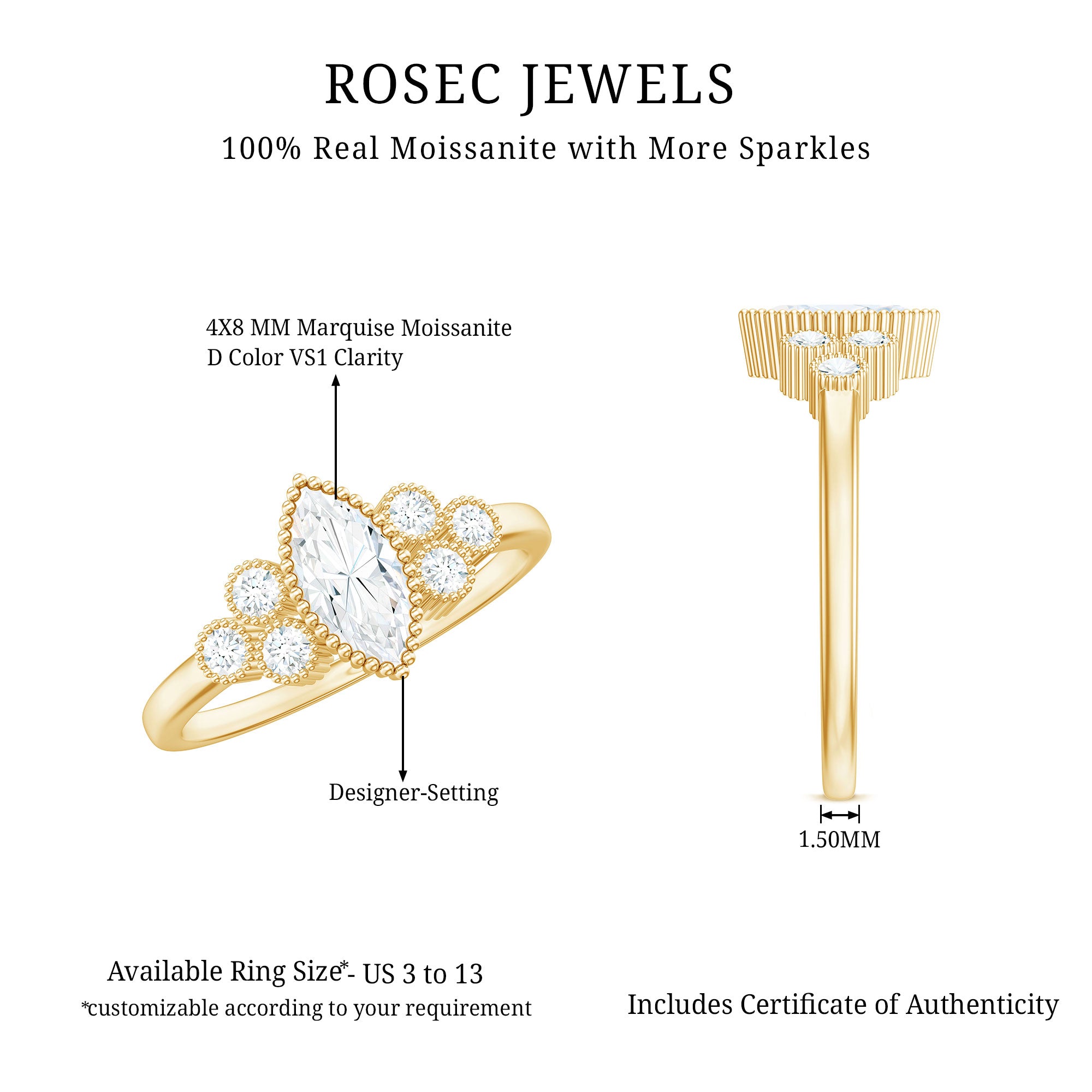 Rosec Jewels-Marquise Moissanite Engagement Ring with Trios