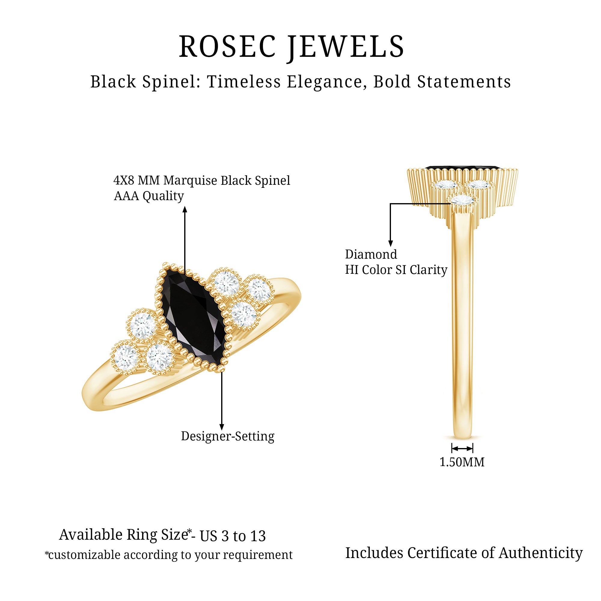 Natural Marquise Black Spinel Engagement Ring with Diamond Trio AAA - Rosec Jewels