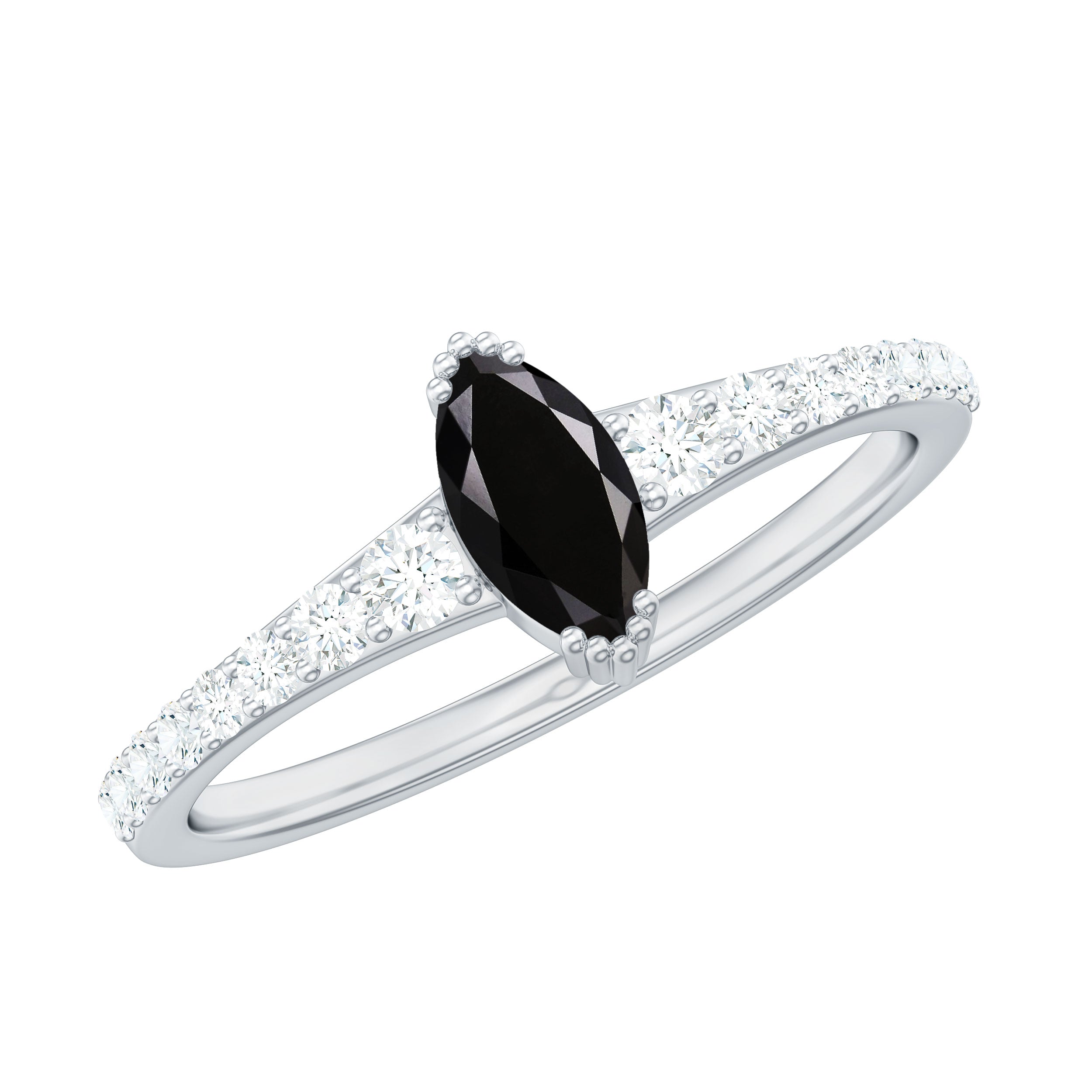 Rosec Jewels-Genuine Marquise Black Spinel Promise Ring with Diamond