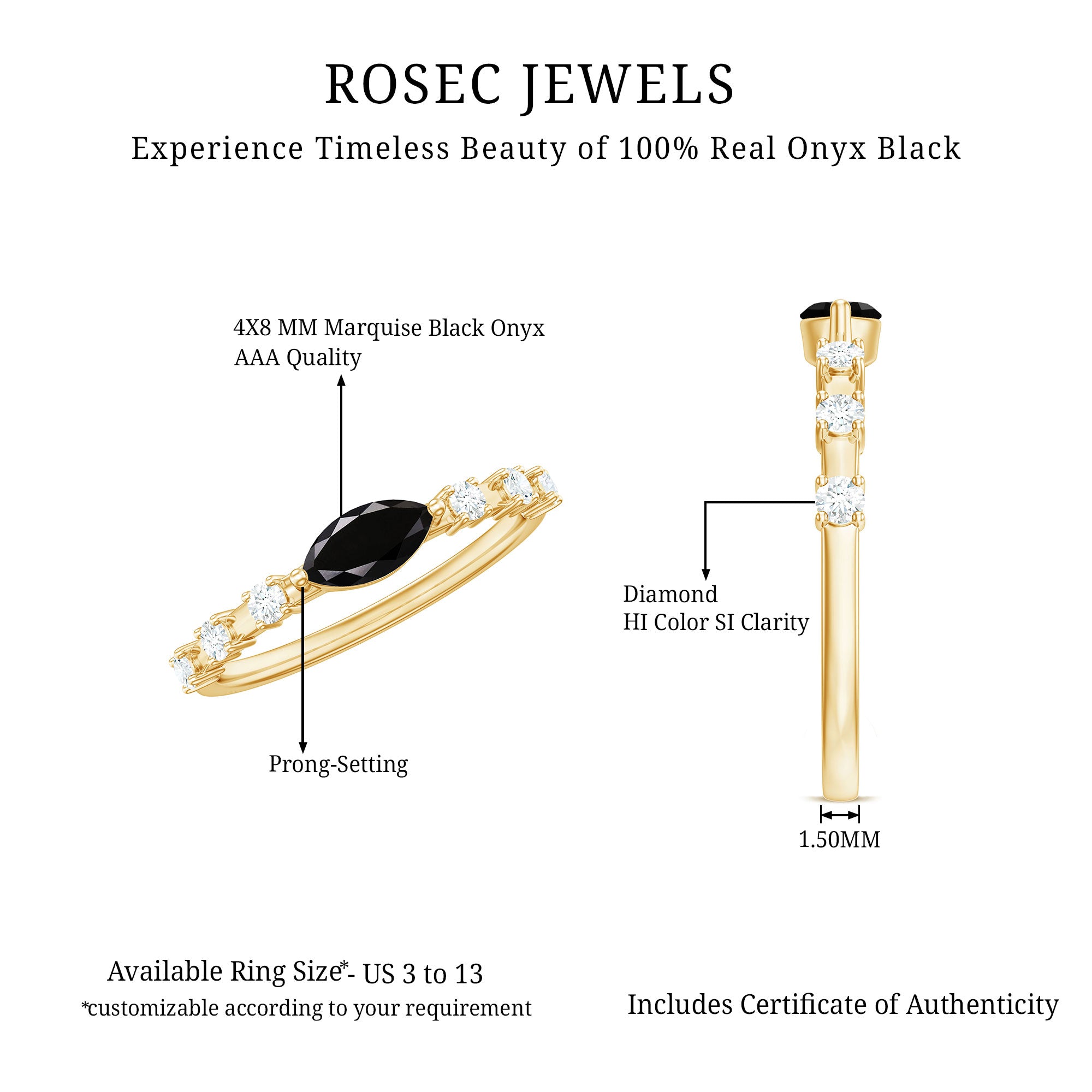 4x8mm Marquise Cut Black Onyx Minimal East West Ring with Diamond AAA - Rosec Jewels