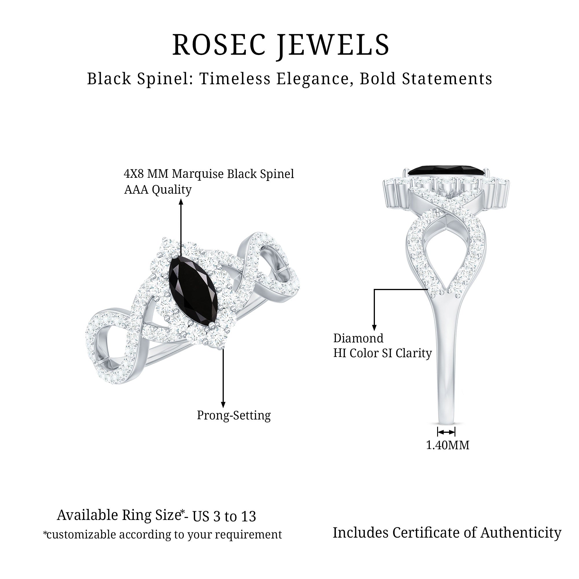 Rosec Jewels-Natural Marquise Black Spinel Engagement Ring with Diamond Crossover Shank