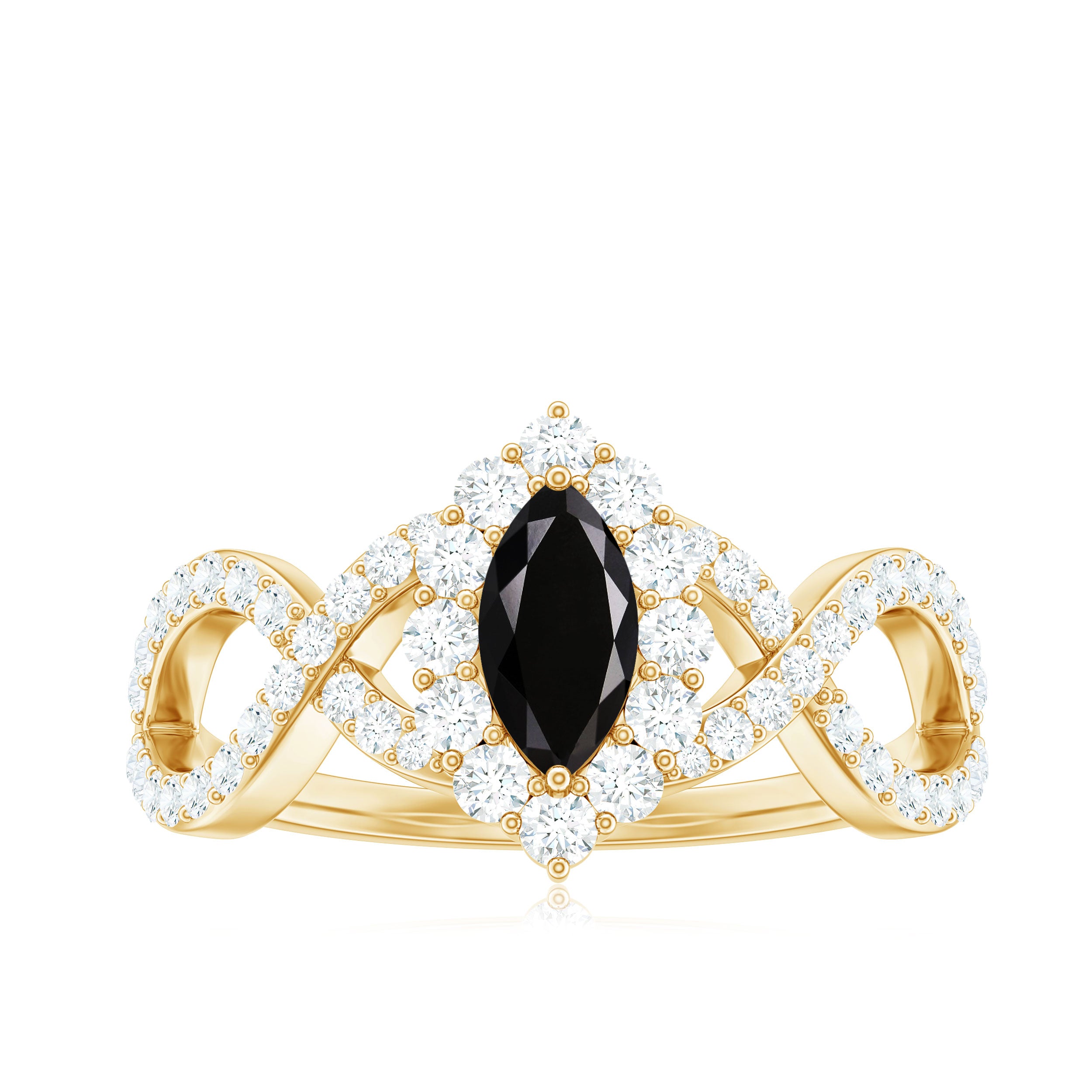 4x8mm Marquise Cut Black Onyx Statement Engagement Ring with Diamond Halo AAA - Rosec Jewels