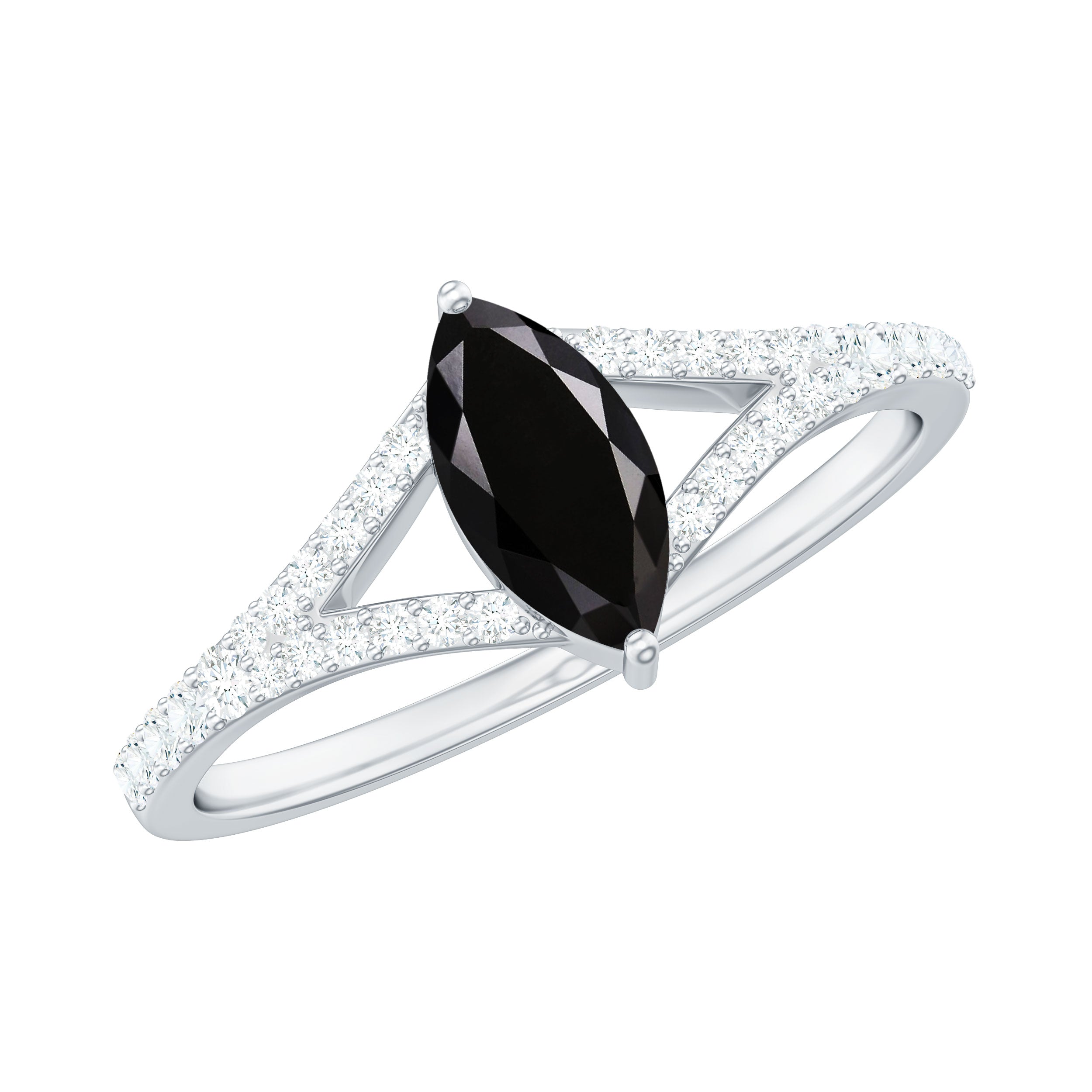 Rosec Jewels-Minimal Black Spinel Marquise Engagement Ring with Diamond Split Shank