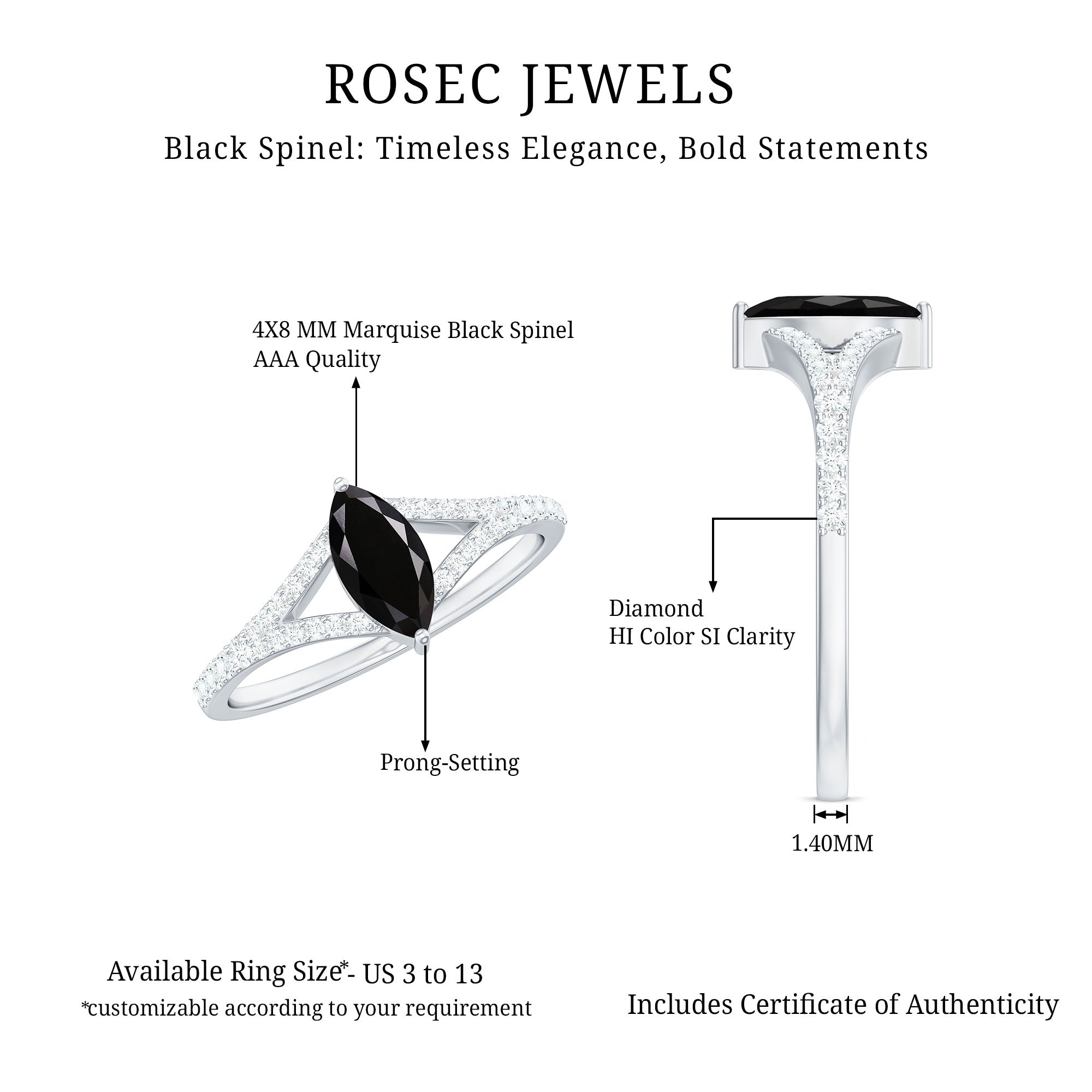 Rosec Jewels-Minimal Black Spinel Marquise Engagement Ring with Diamond Split Shank
