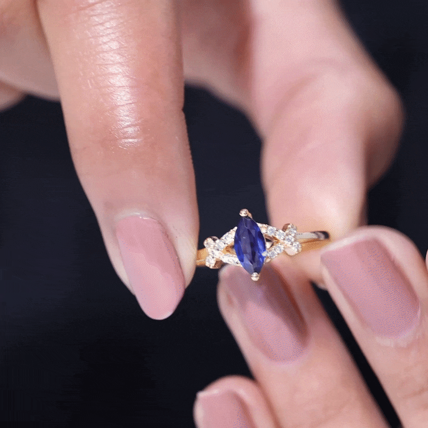 Marquise Shape Lab Grown Blue Sapphire Solitaire Ring with Diamond Lab Created Blue Sapphire - ( AAAA ) - Quality - Rosec Jewels