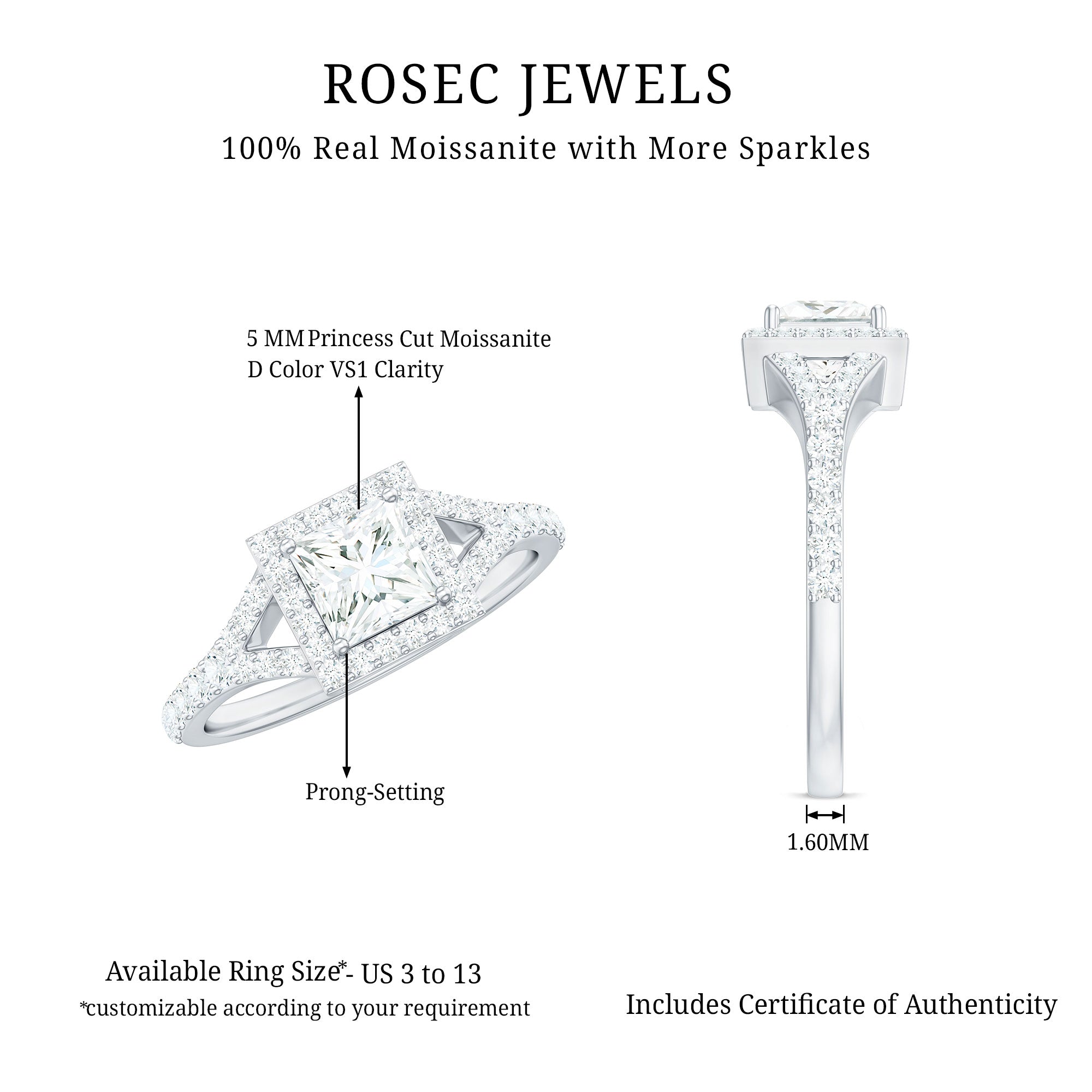 Rosec Jewels-Princess Cut Moissanite Halo Engagement Ring with Split Band