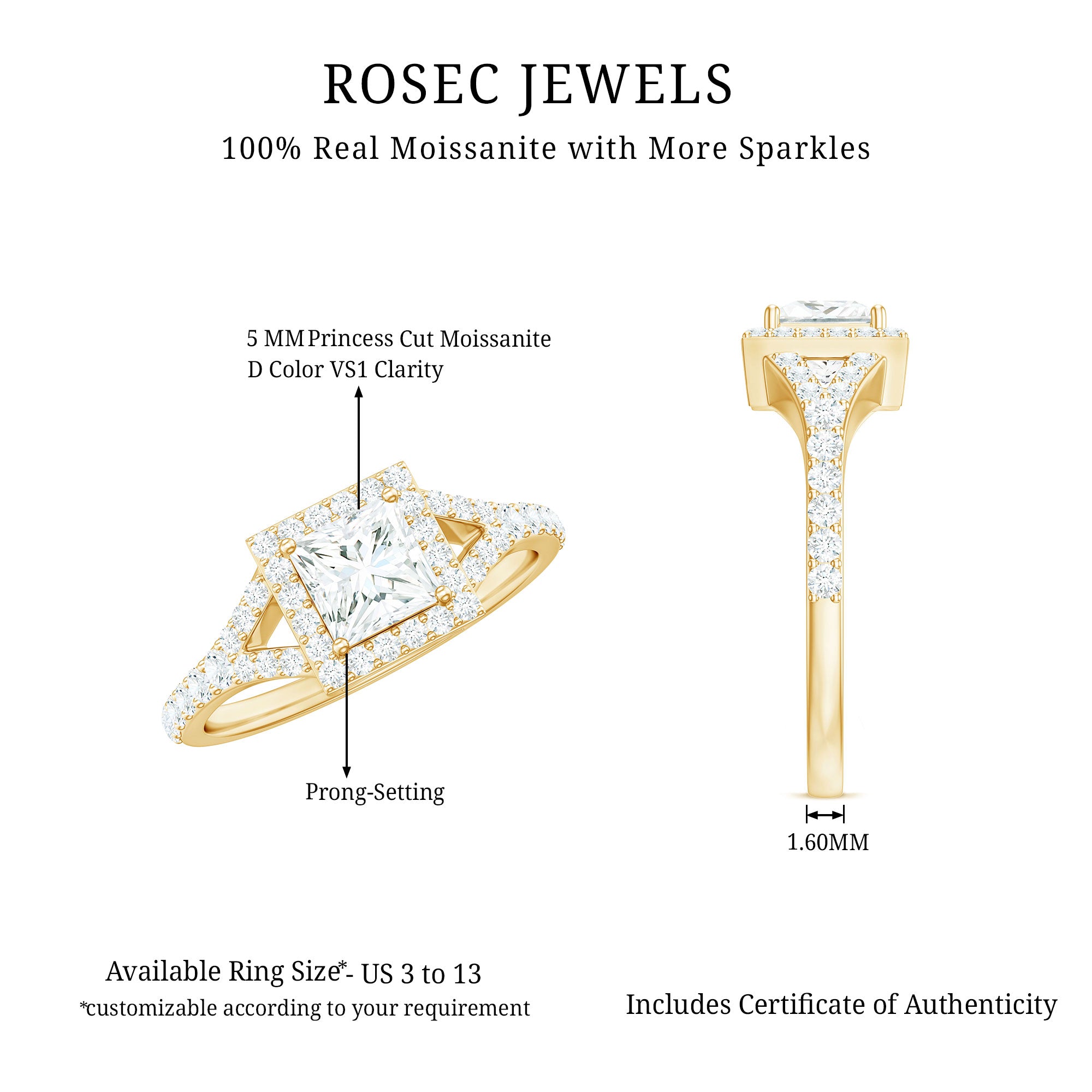 Rosec Jewels-Princess Cut Moissanite Halo Engagement Ring with Split Band