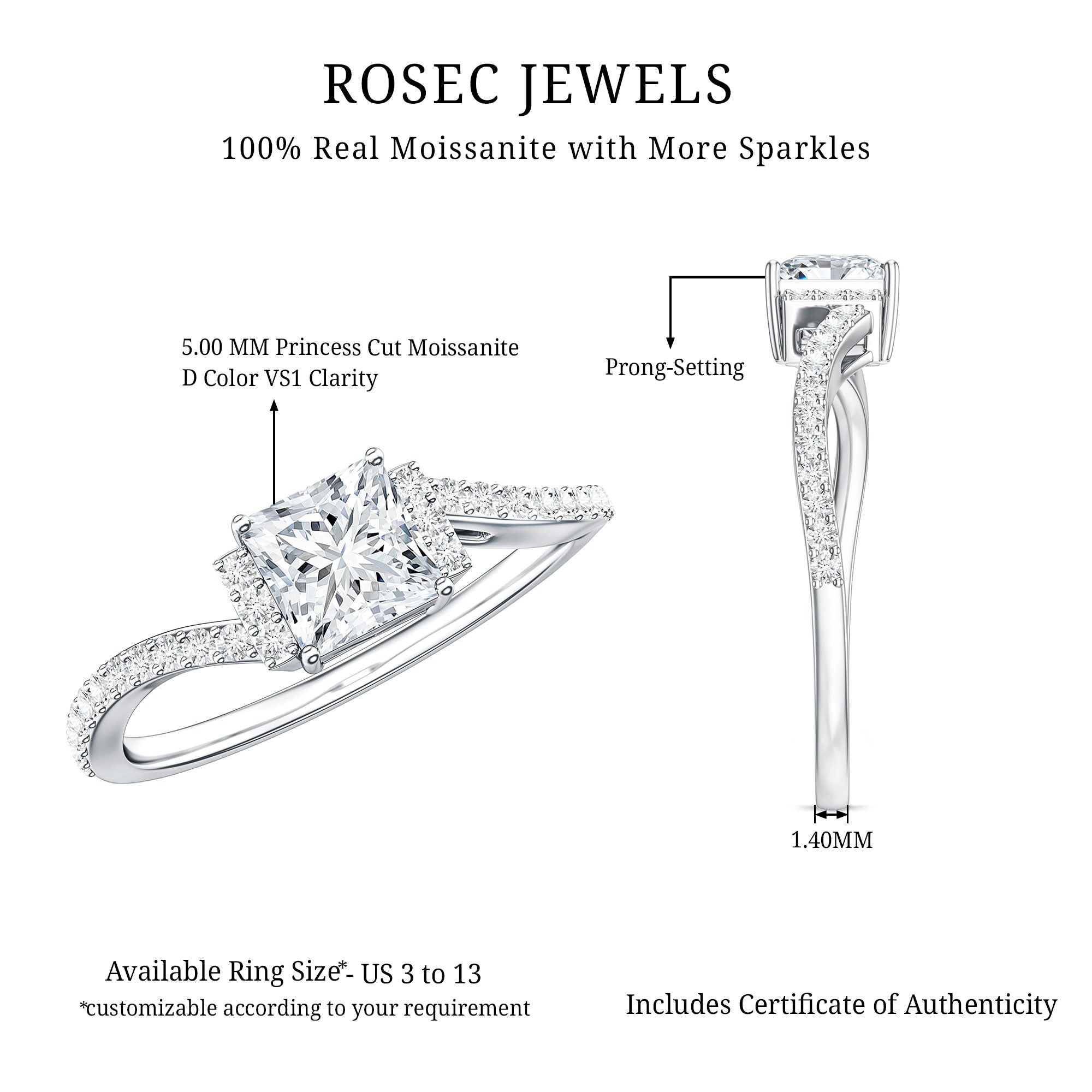 Rosec Jewels-Princess Cut Moissanite Bypass Engagement Ring for Women
