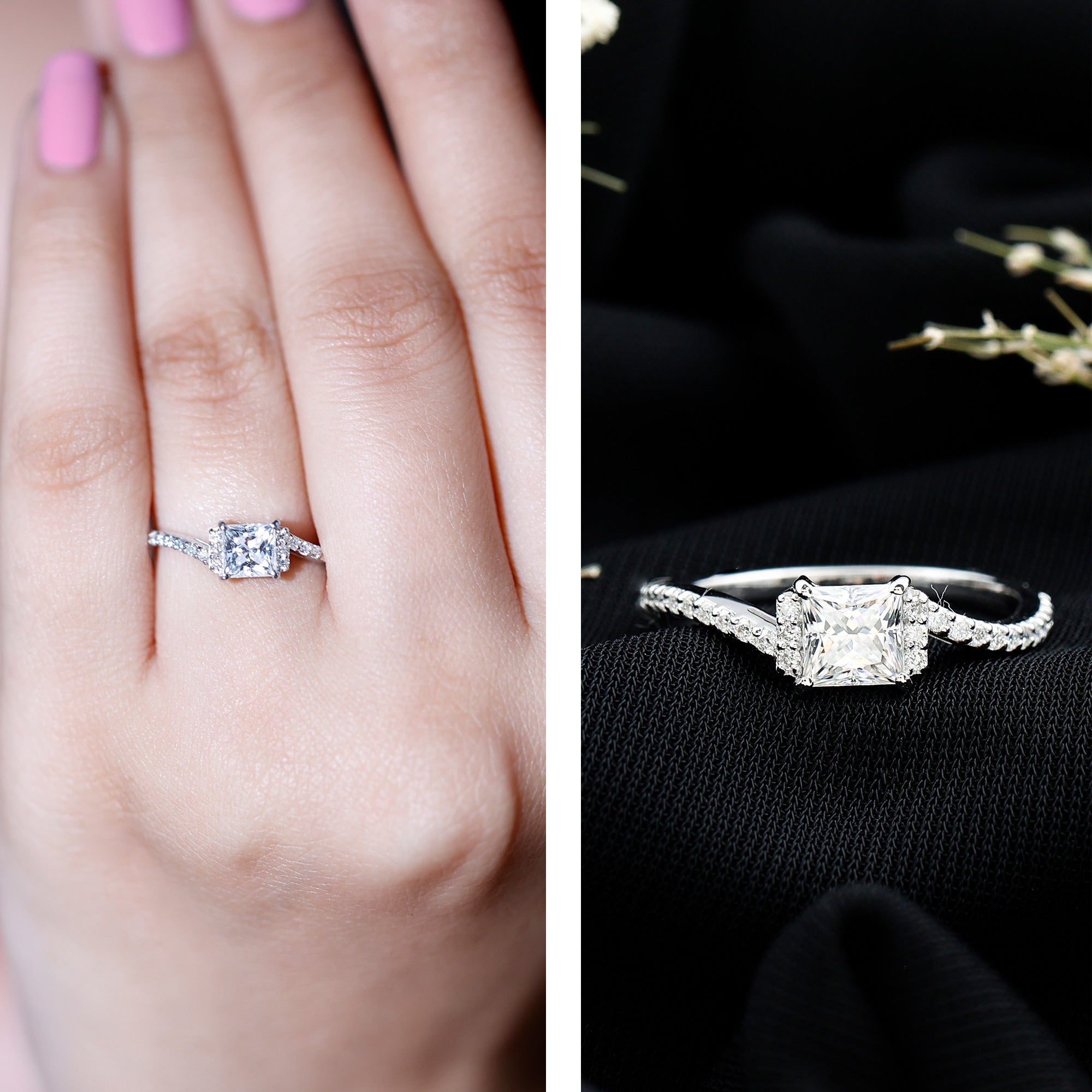 Princess Cut Moissanite Bypass Engagement Ring for Women D-VS1 - Rosec Jewels