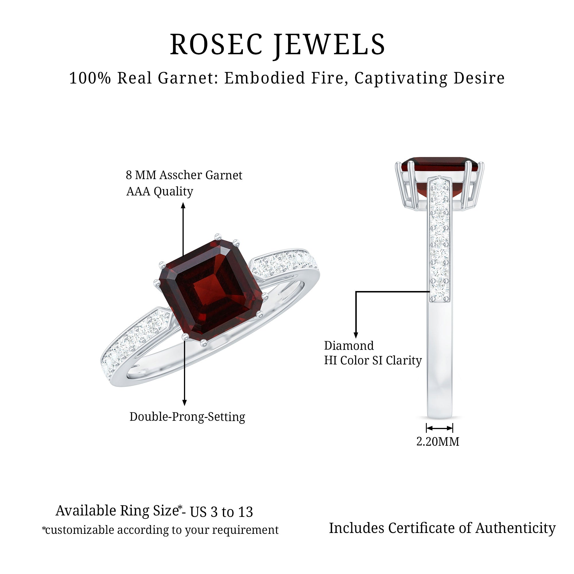 Natural Garnet 8 mm Asscher Cut Engagement Ring with Diamond AAA - Rosec Jewels