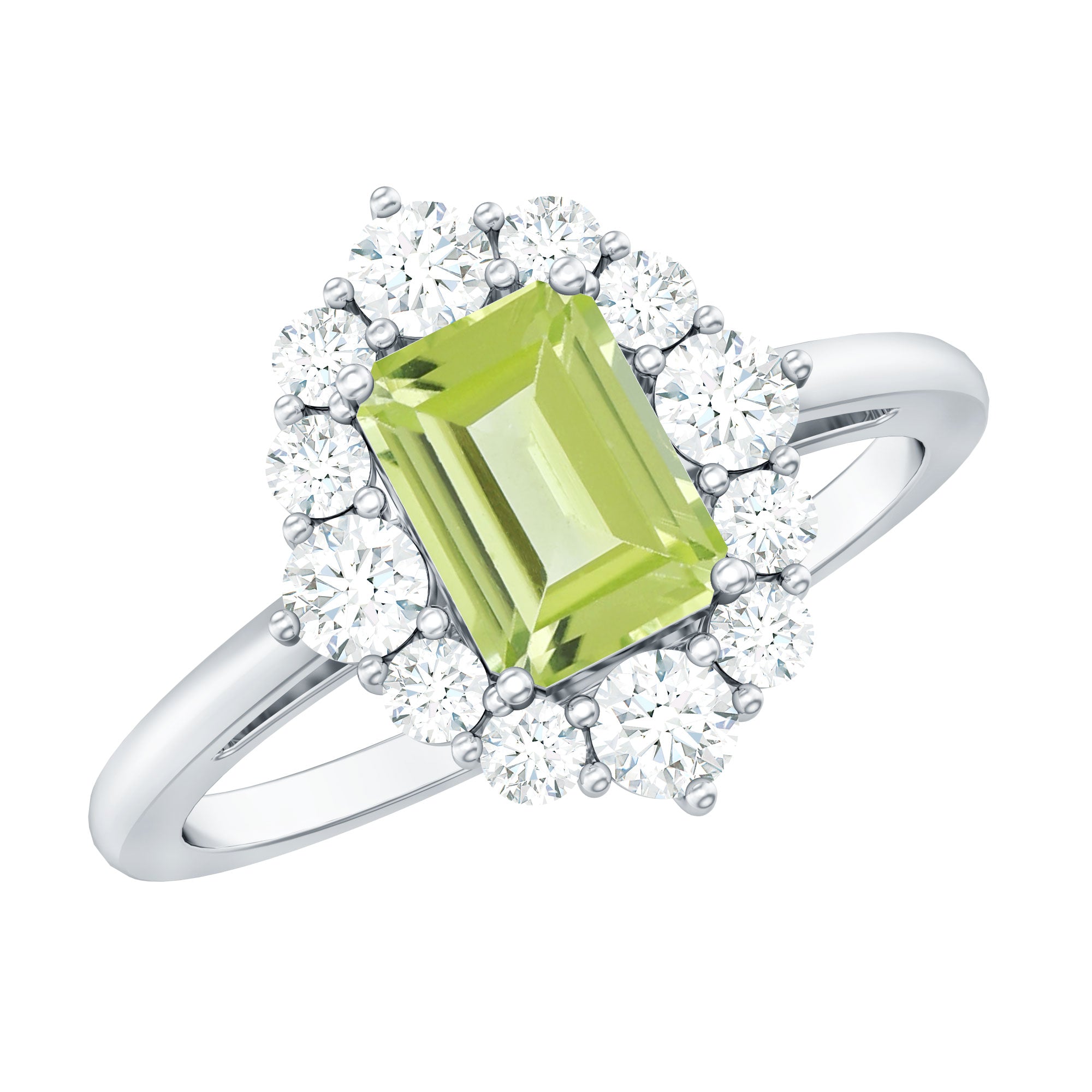Rosec Jewels-Natural 1.8 Carat Peridot Emerald Cut Engagement Ring with Diamond Halo