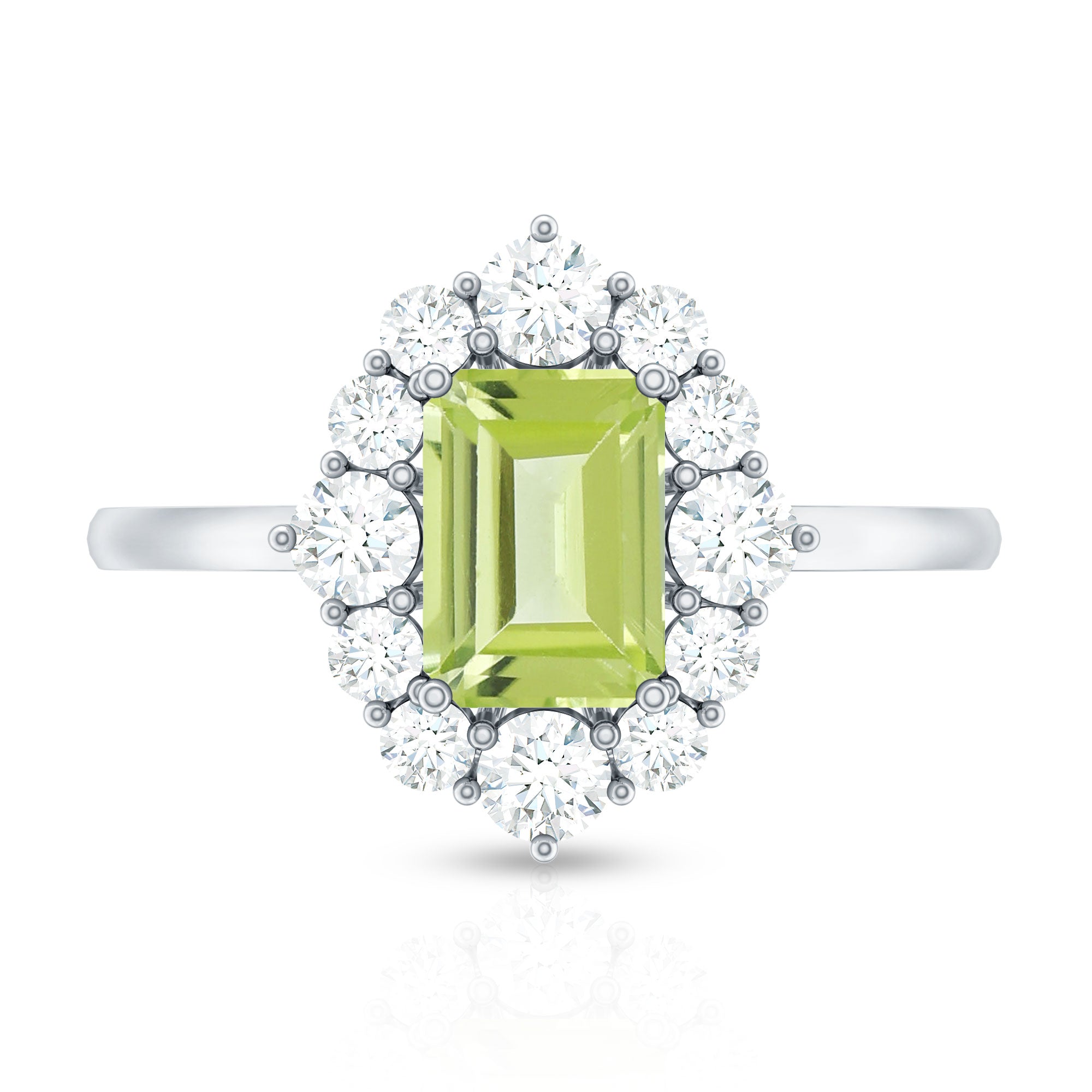 Rosec Jewels-Natural 1.8 Carat Peridot Emerald Cut Engagement Ring with Diamond Halo