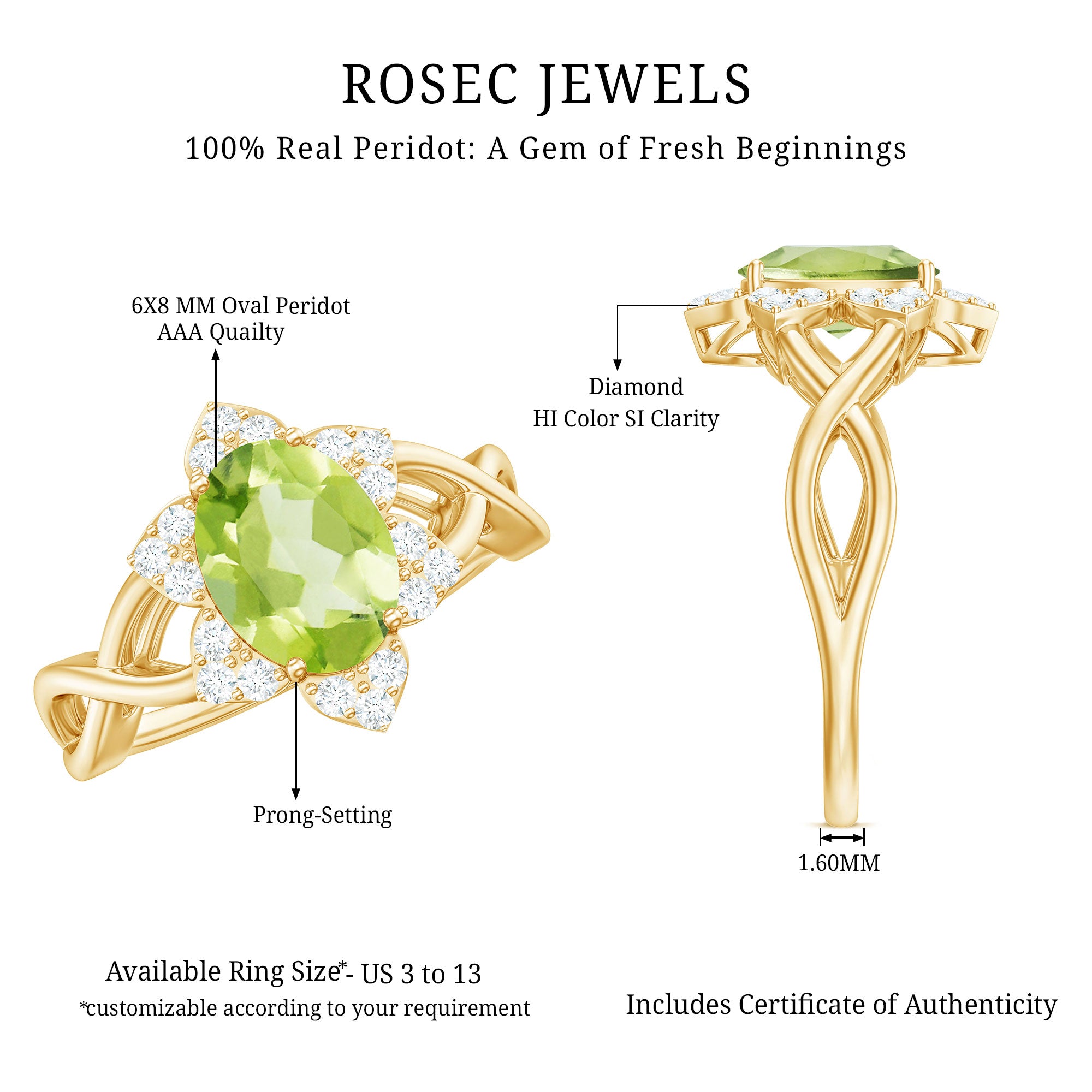 Natural 1 Carat Oval Peridot Flower Engagement Ring with Diamond AAA - Rosec Jewels