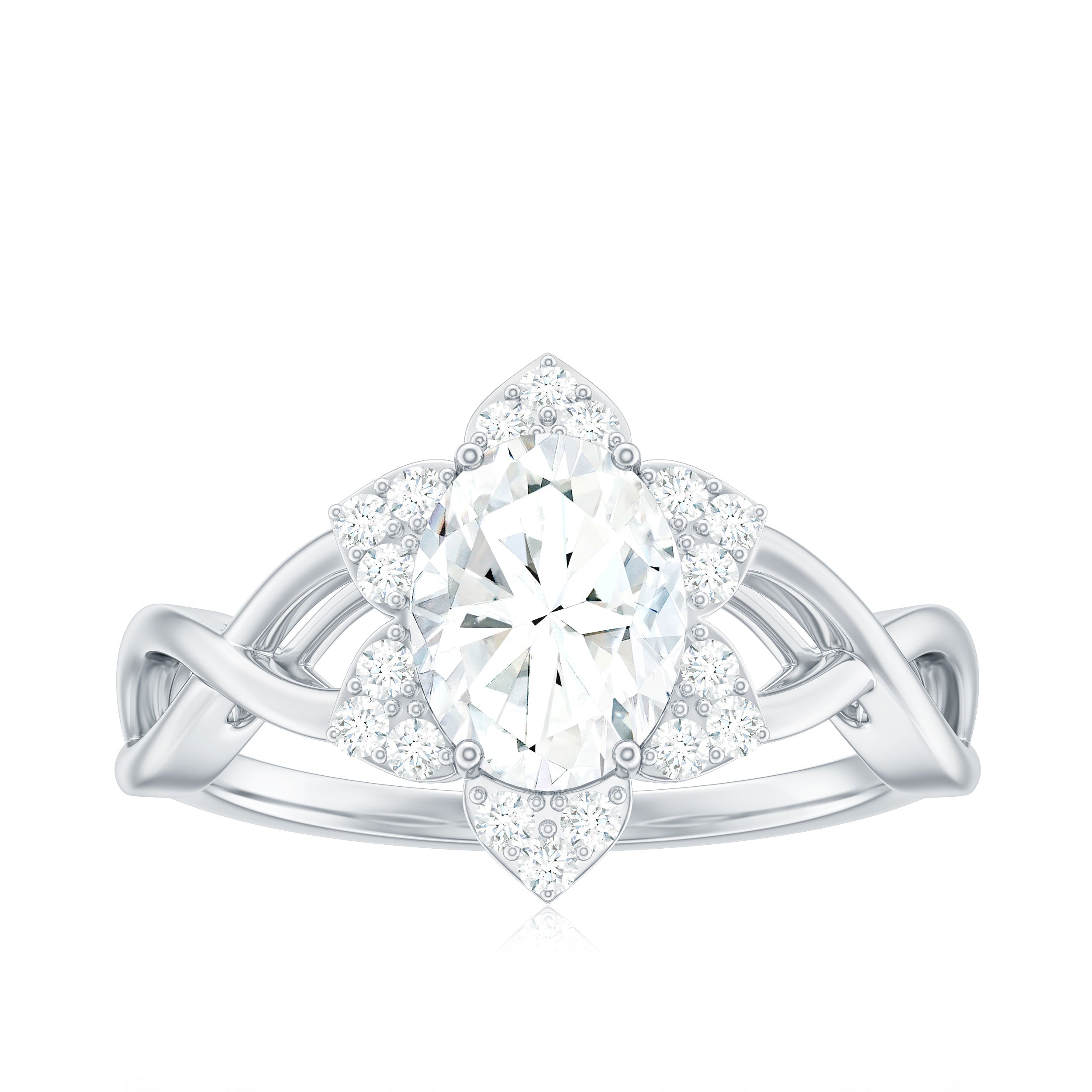 Certified Moissanite Flower Halo Engagement Ring with Criss Cross Band D-VS1 - Rosec Jewels