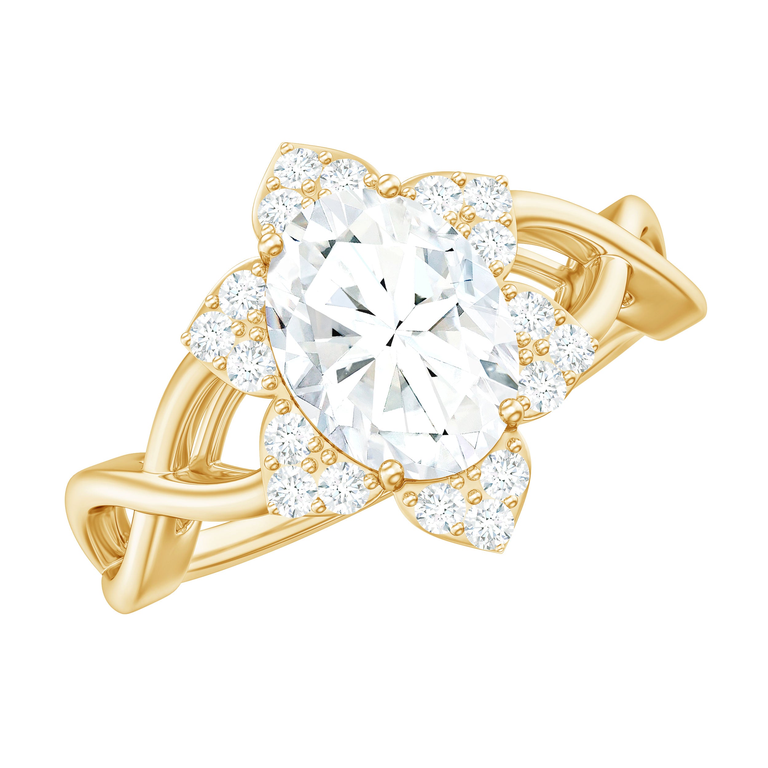 Certified Moissanite Flower Halo Engagement Ring with Criss Cross Band D-VS1 - Rosec Jewels
