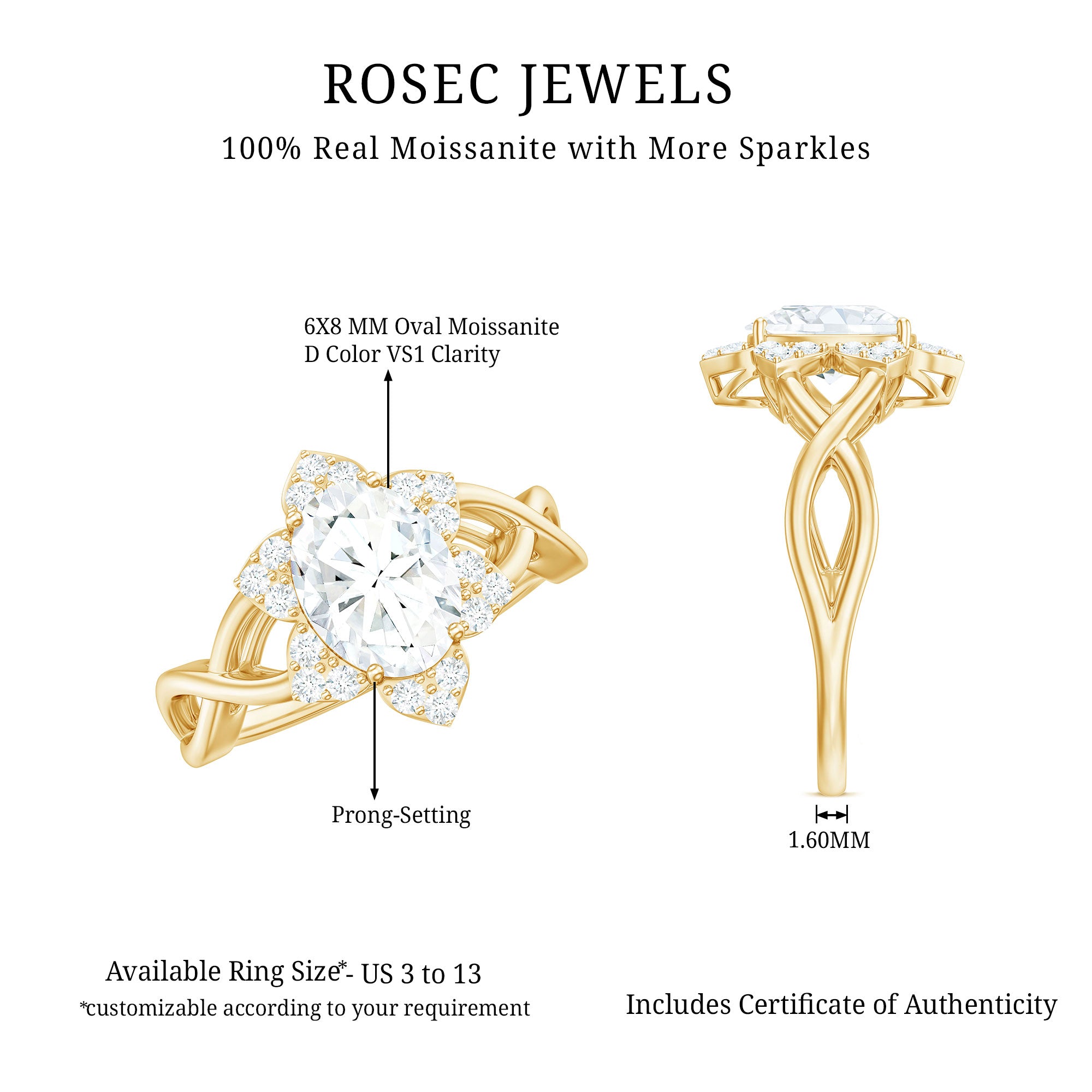 Certified Moissanite Flower Halo Engagement Ring with Criss Cross Band D-VS1 - Rosec Jewels