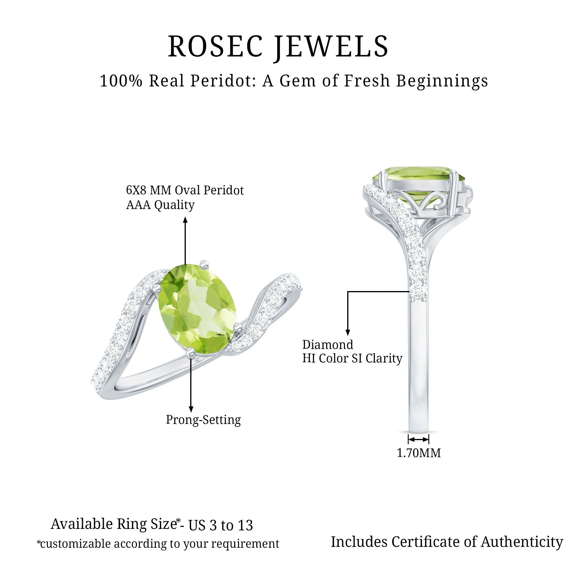 Natural 1 Carat Oval Peridot Engagement Ring with Diamond Bypass Shank AAA - Rosec Jewels