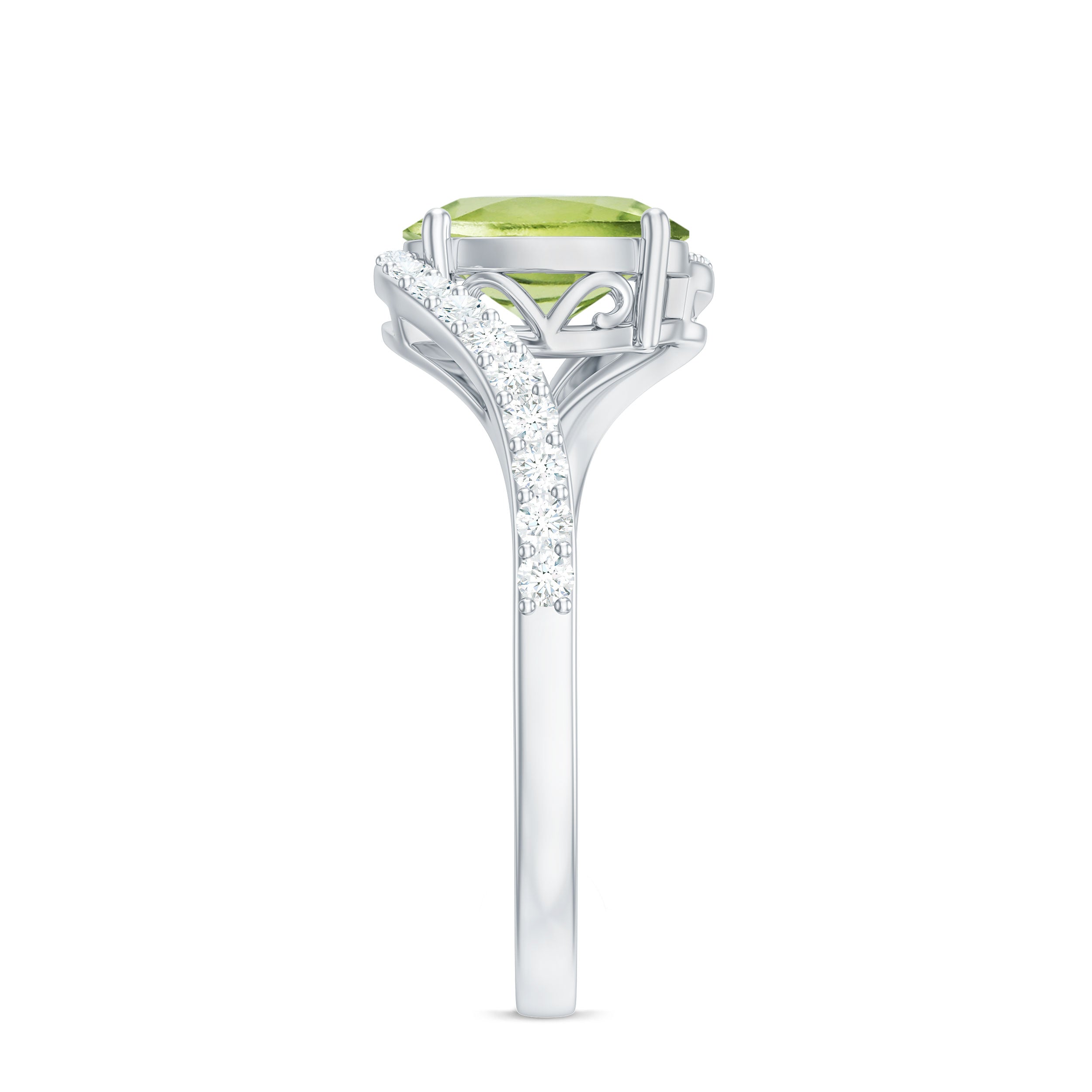 Natural 1 Carat Oval Peridot Engagement Ring with Diamond Bypass Shank AAA - Rosec Jewels