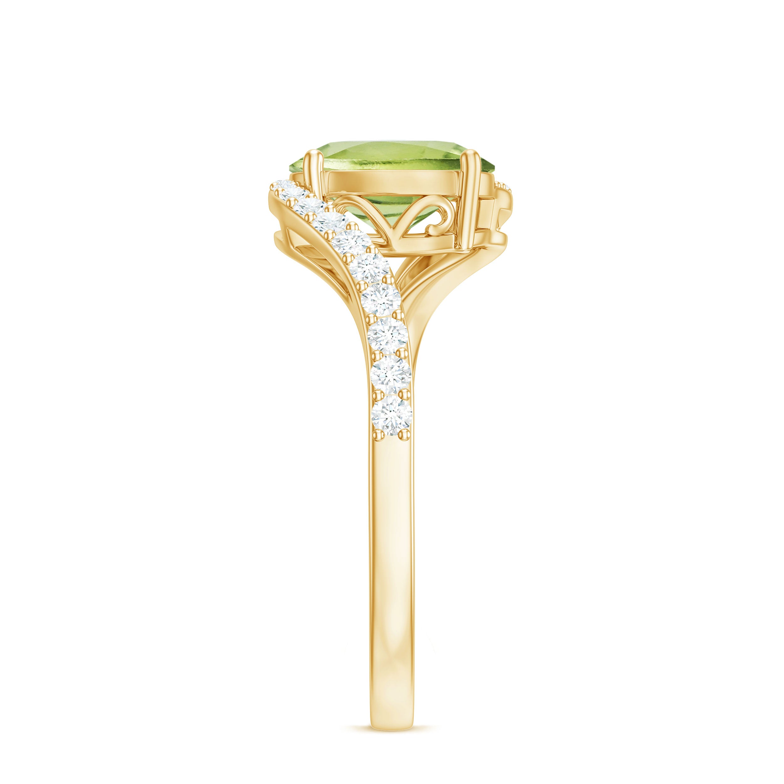 Natural 1 Carat Oval Peridot Engagement Ring with Diamond Bypass Shank AAA - Rosec Jewels