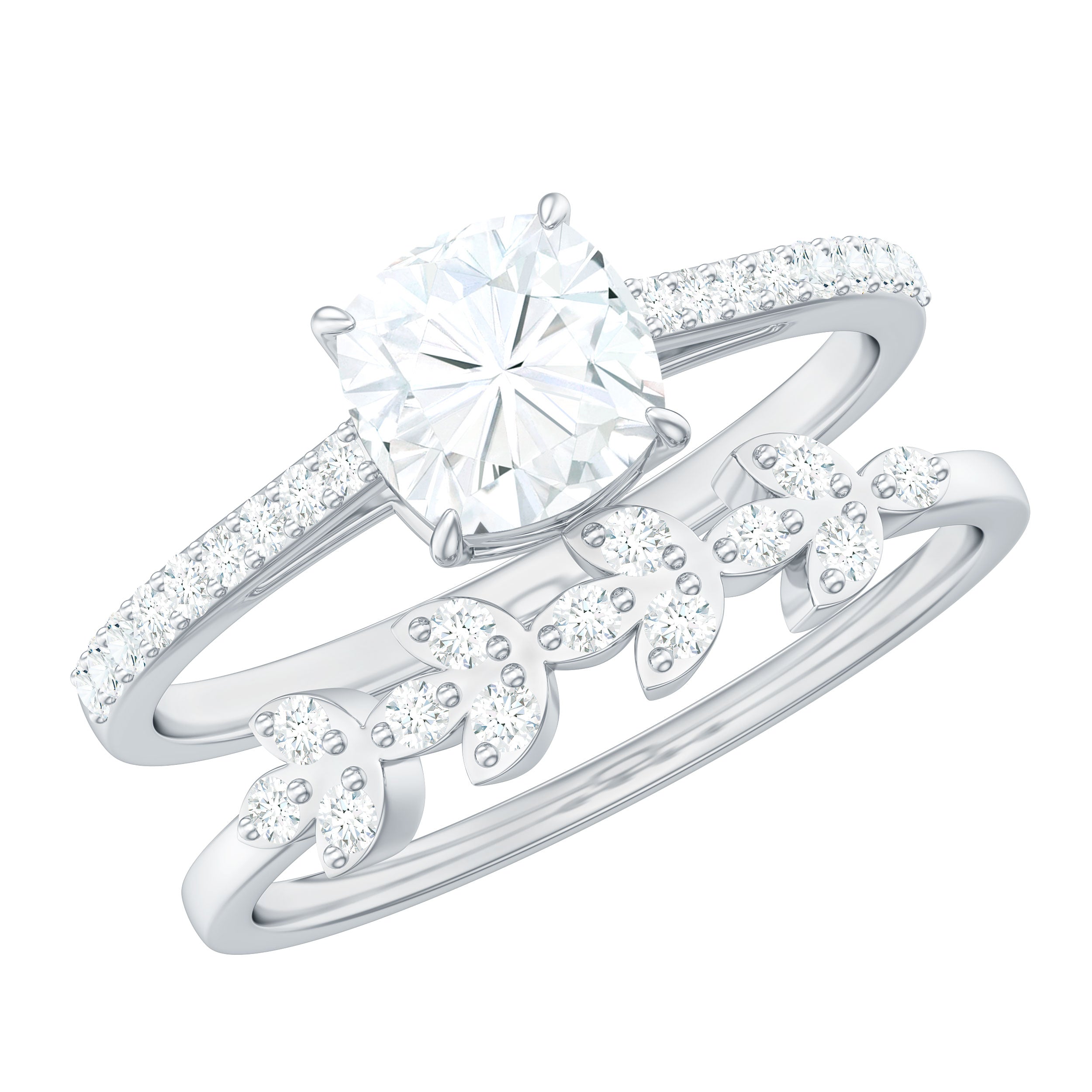 Claw Set Cushion Cut Moissanite Engagement Ring with Leaf Wedding Band