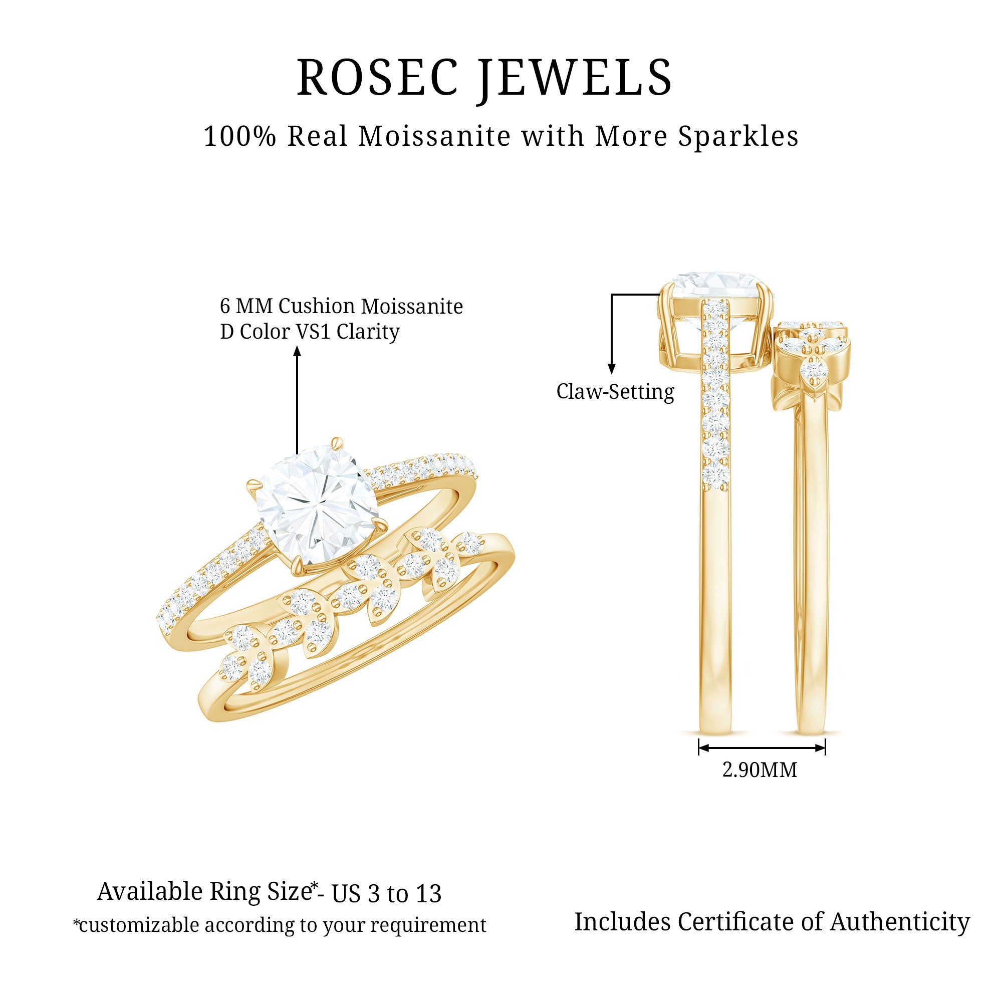 Claw Set Cushion Cut Moissanite Engagement Ring with Leaf Wedding Band D-VS1 - Rosec Jewels