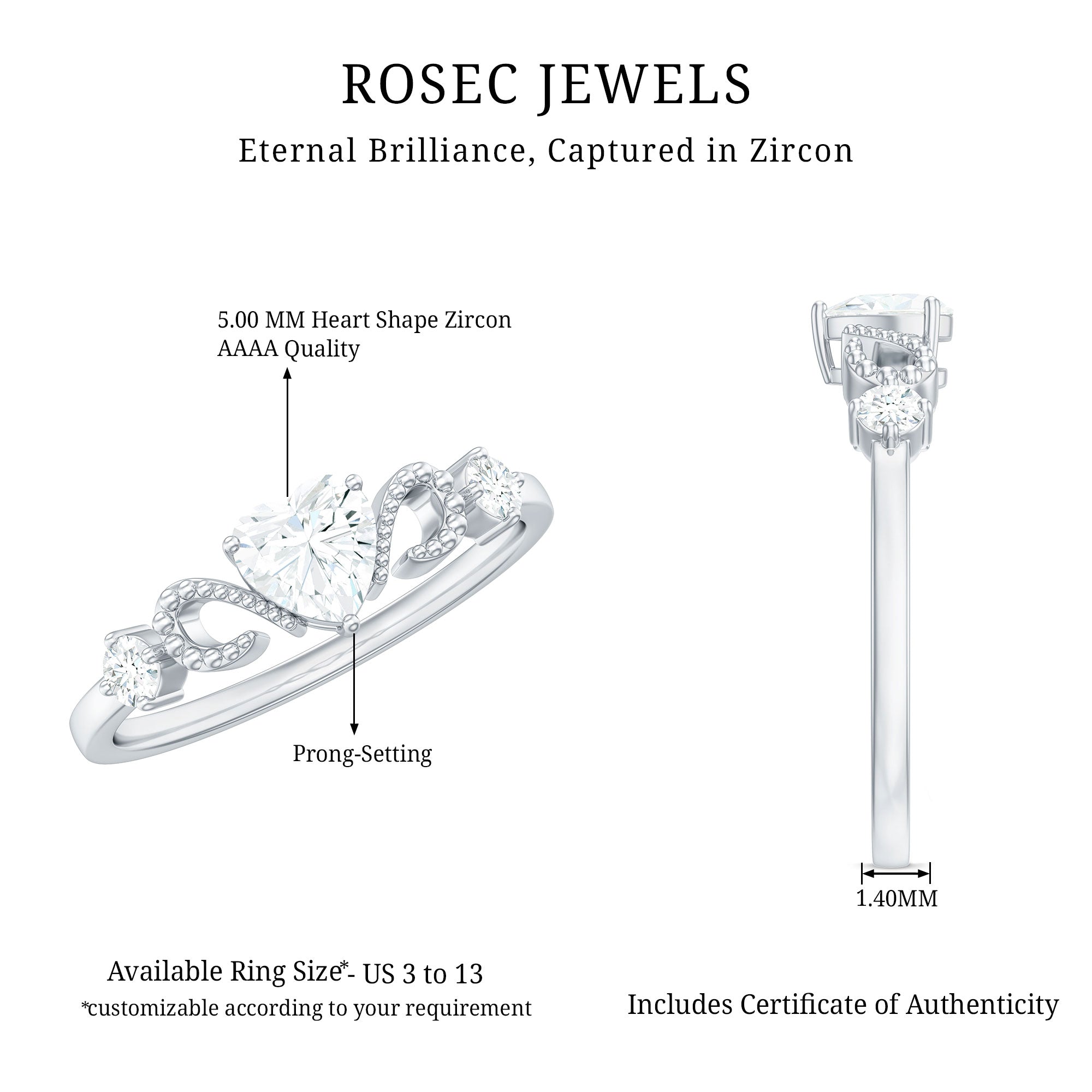 Rosec Jewels-3/4 CT Minimal Zircon Heart Engagement Ring with Gold Beaded