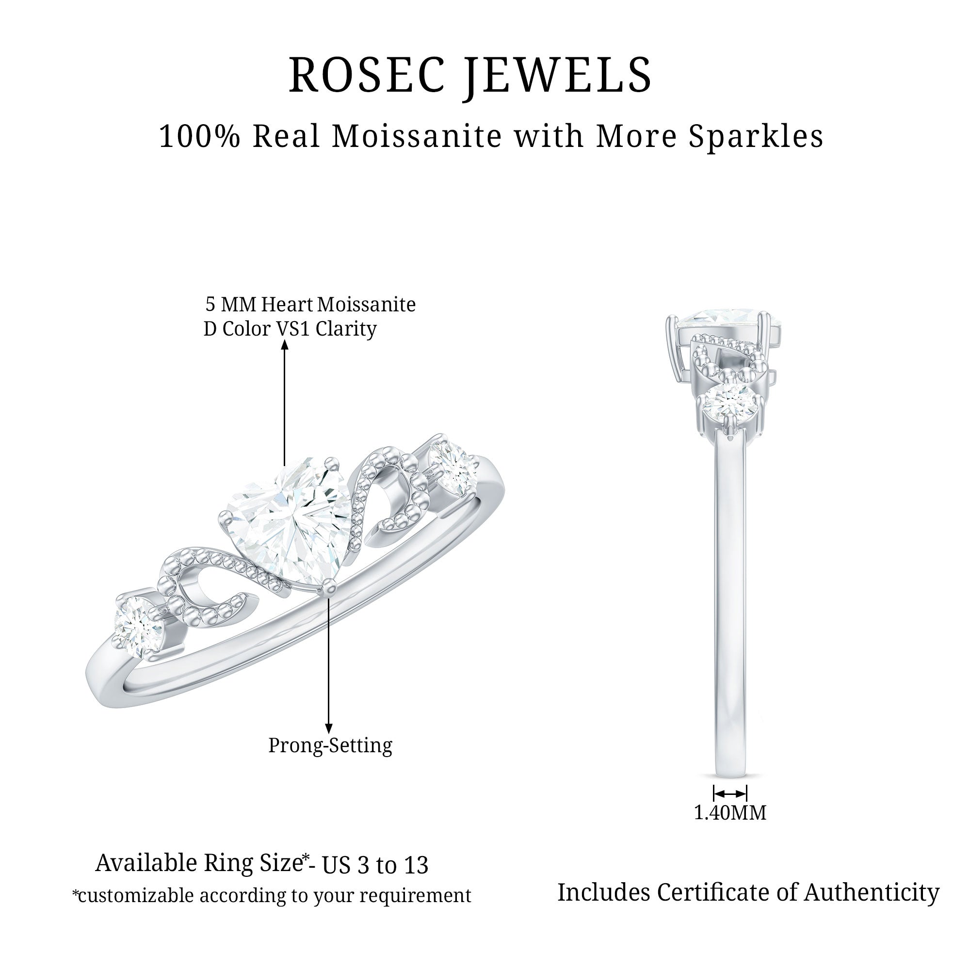 Certified Moissanite Heart Promise Ring with Beaded Detail D-VS1 - Rosec Jewels