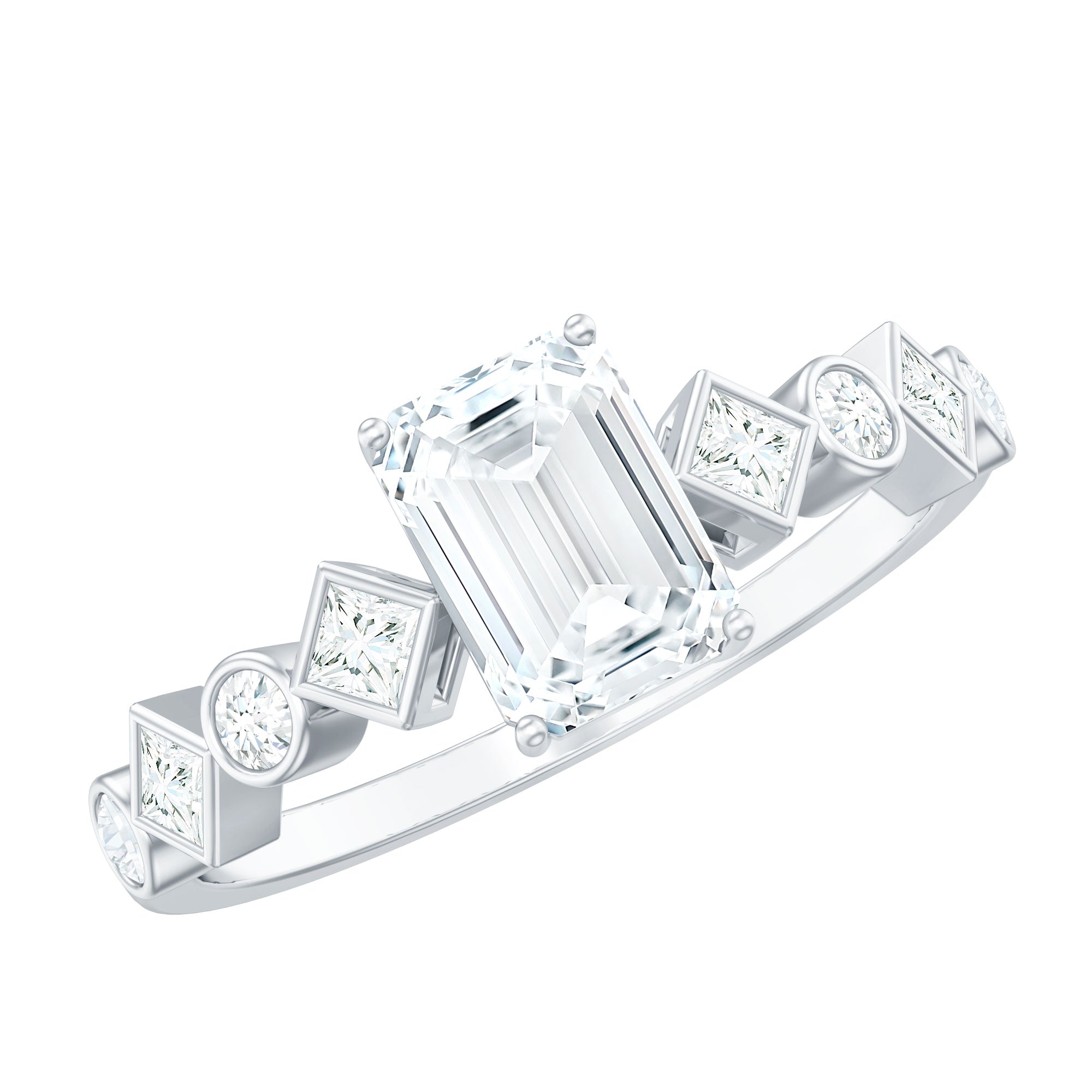 2 CT Octagon Cut Zircon Engagement Ring with Side Stones AAAA - Rosec Jewels