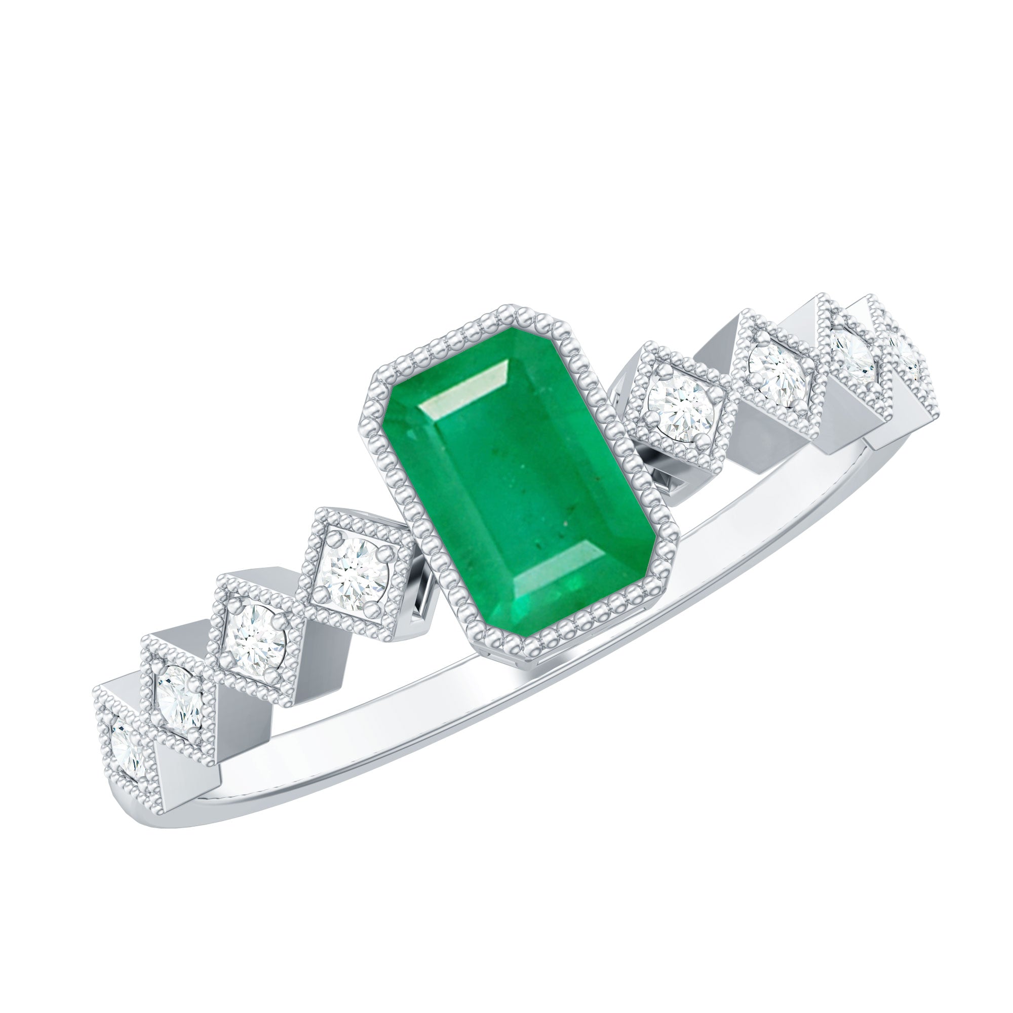 Rosec Jewels-Vintage Looking Emerald Cut Emerald Engagement Ring with Diamond